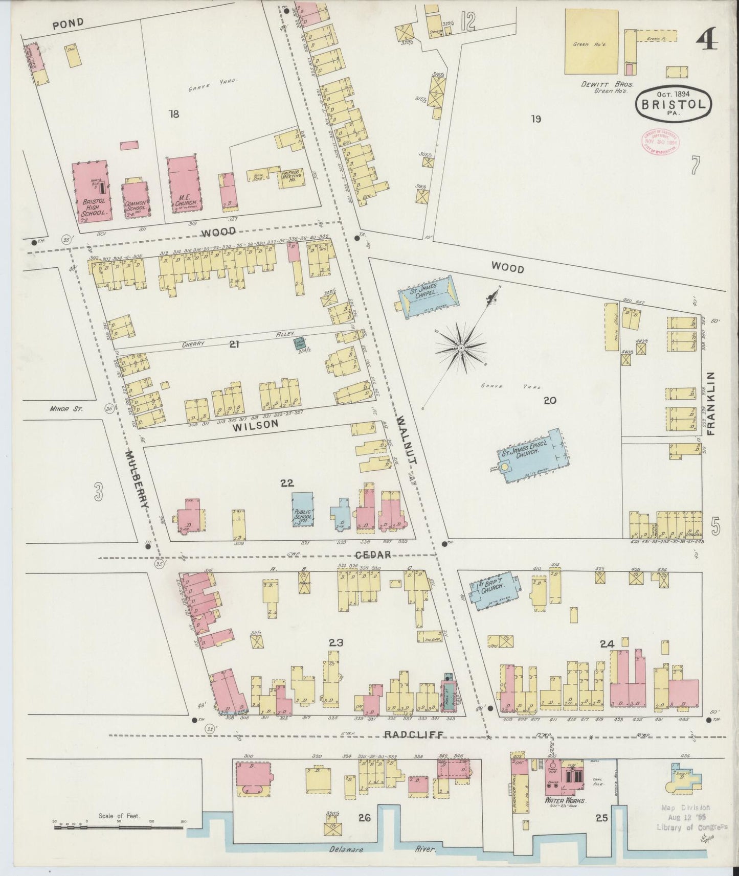 Sanborn Fire Insurance Map from Bristol, Bucks County, Pennsylvania (1894), Sheet #0004 - Historic Sanborn Fire Insurance Map Print, vintage old map wall art, antique decor, genealogy gift, Pennsylvania Pennsylvania map