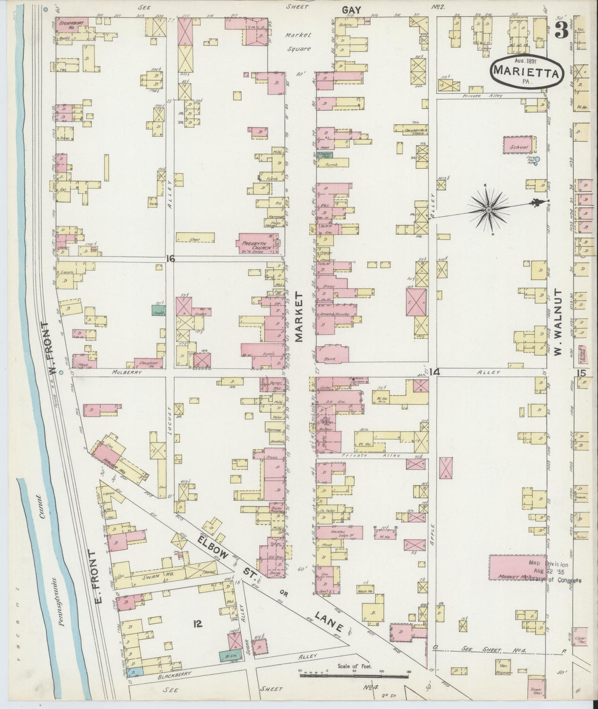 Sanborn Fire Insurance Map from Marietta, Lancaster County, Pennsylvania (1891), Sheet #0003 - Historic Sanborn Fire Insurance Map Print, vintage old map wall art, antique decor, genealogy gift, Pennsylvania Pennsylvania map