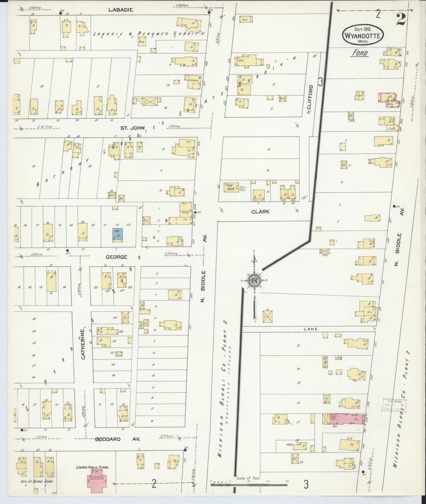 Sanborn Fire Insurance Map from Wyandotte, Wayne County, Michigan (1912), Sheet #0002 - Historic Sanborn Fire Insurance Map Print, vintage old map wall art, antique decor, genealogy gift, Michigan Michigan map