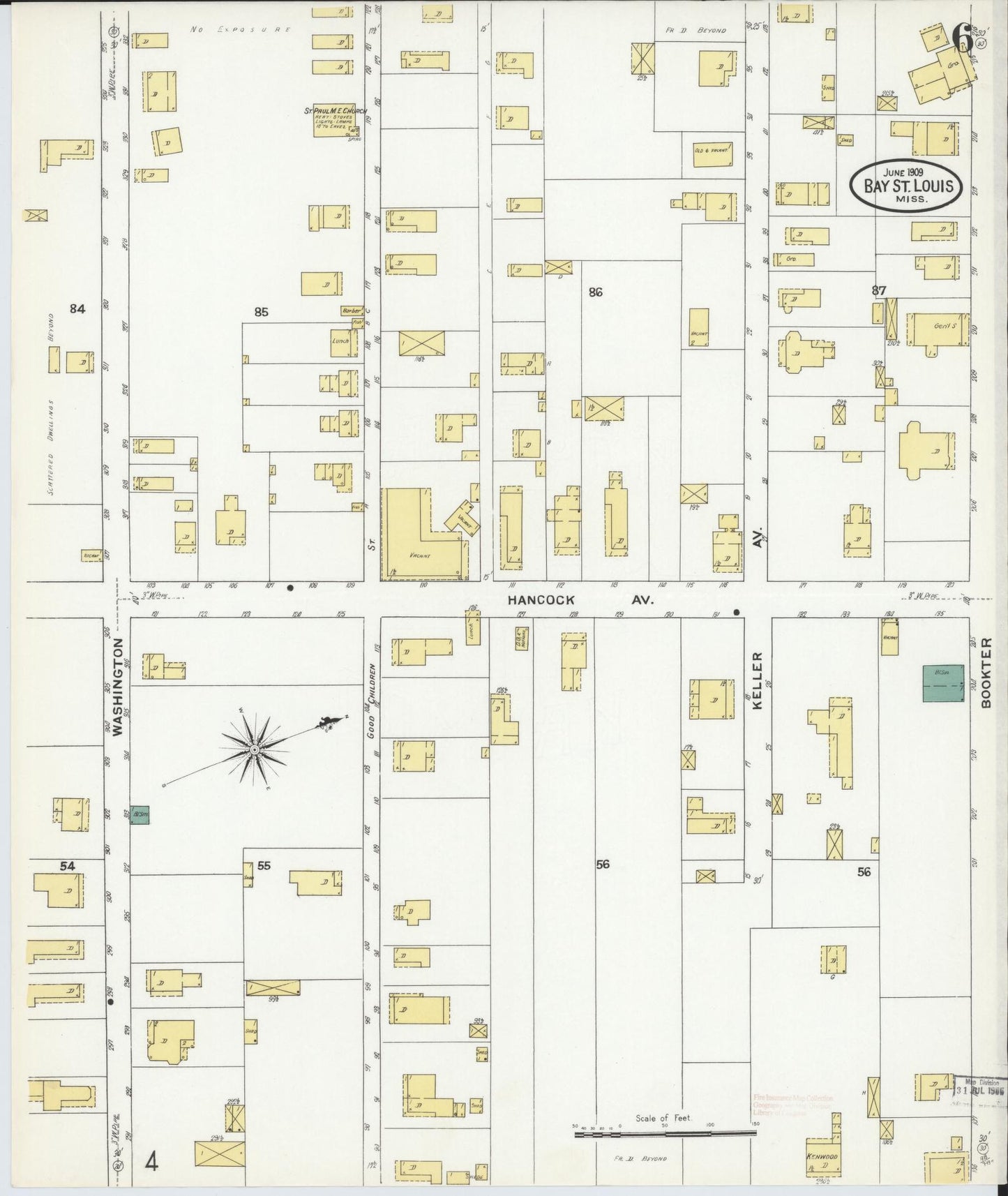 Sanborn Fire Insurance Map from Bay Saint Louis, Hancock County, Mississippi (1909), Sheet #0006 - Complete Map Set gallery image, historic Sanborn map, vintage wall art, Mississippi Mississippi
