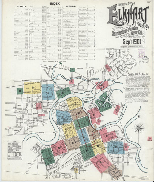 Sanborn Fire Insurance Map from Elkhart, Elkhart County, Indiana (1901), Sheet #0001 - Historic Sanborn Fire Insurance Map Print, vintage old map wall art, antique decor, genealogy gift, Indiana Indiana map
