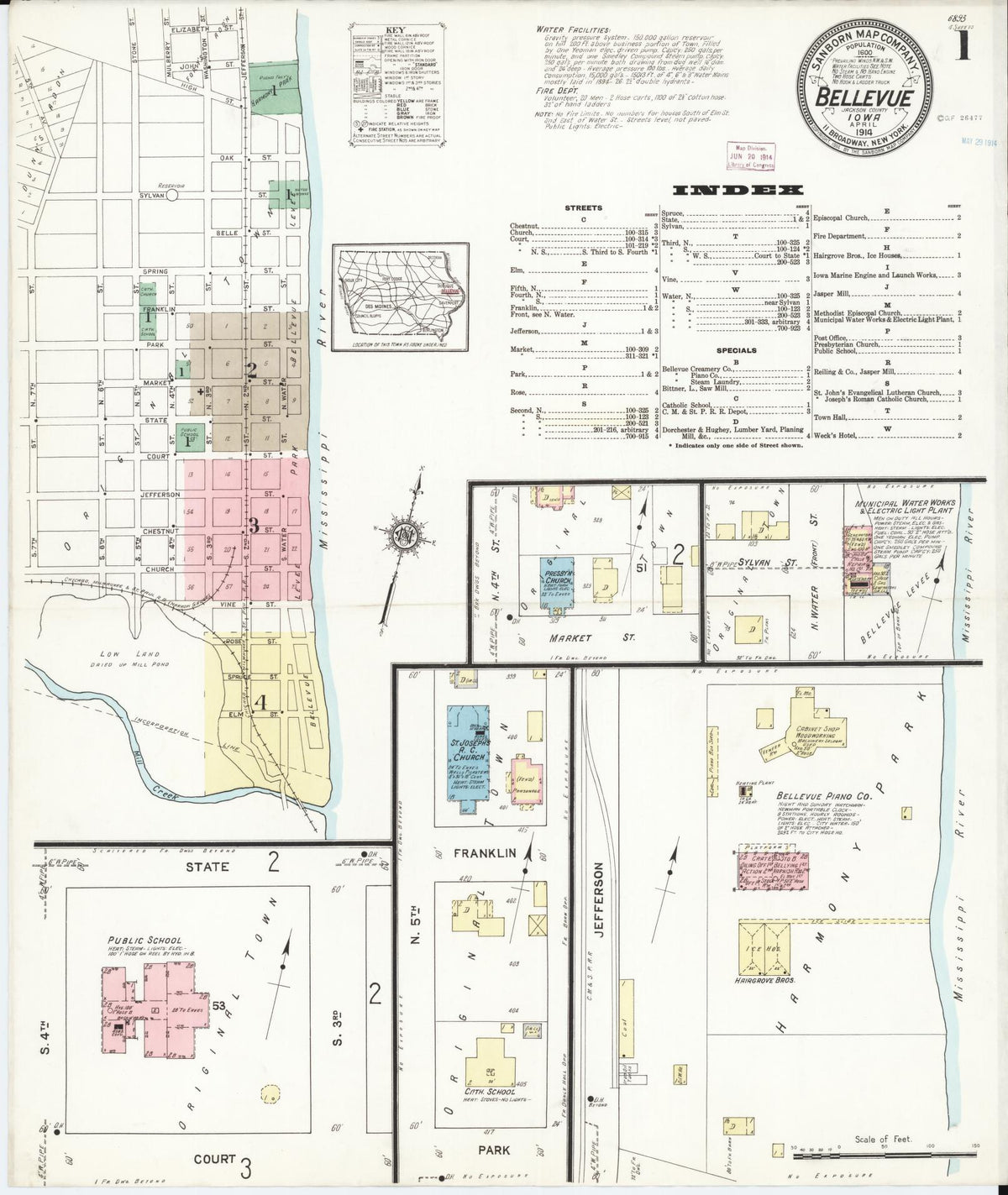 Sanborn Fire Insurance Map from Bellevue, Jackson County, Iowa (1914), Sheet #0001 - Historic Sanborn Fire Insurance Map Print