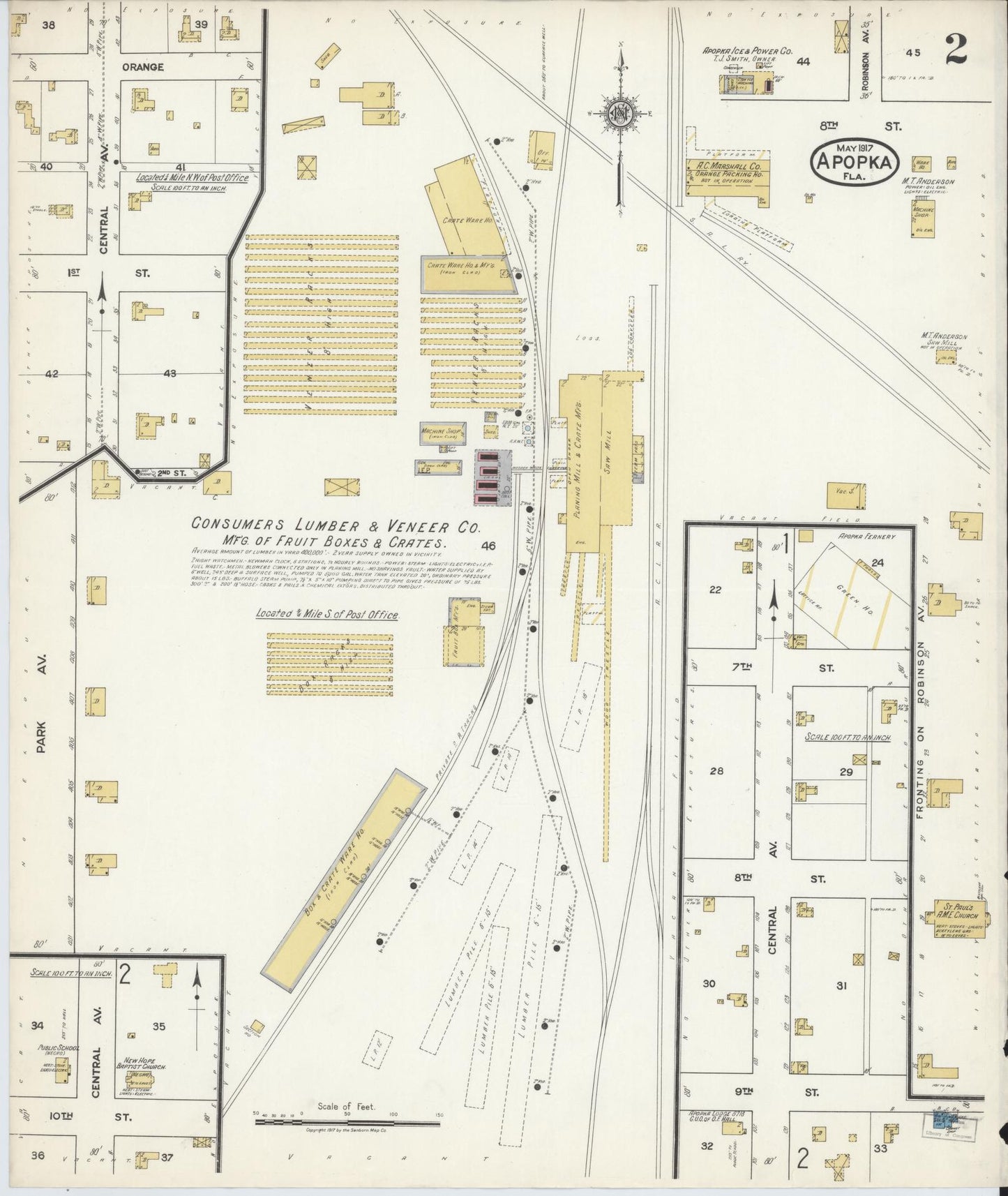 Sanborn Fire Insurance Map from Apopka, Orange County, Florida (1917), Sheet #0002 - Complete Map Set gallery image, historic Sanborn map, vintage wall art, Florida Florida