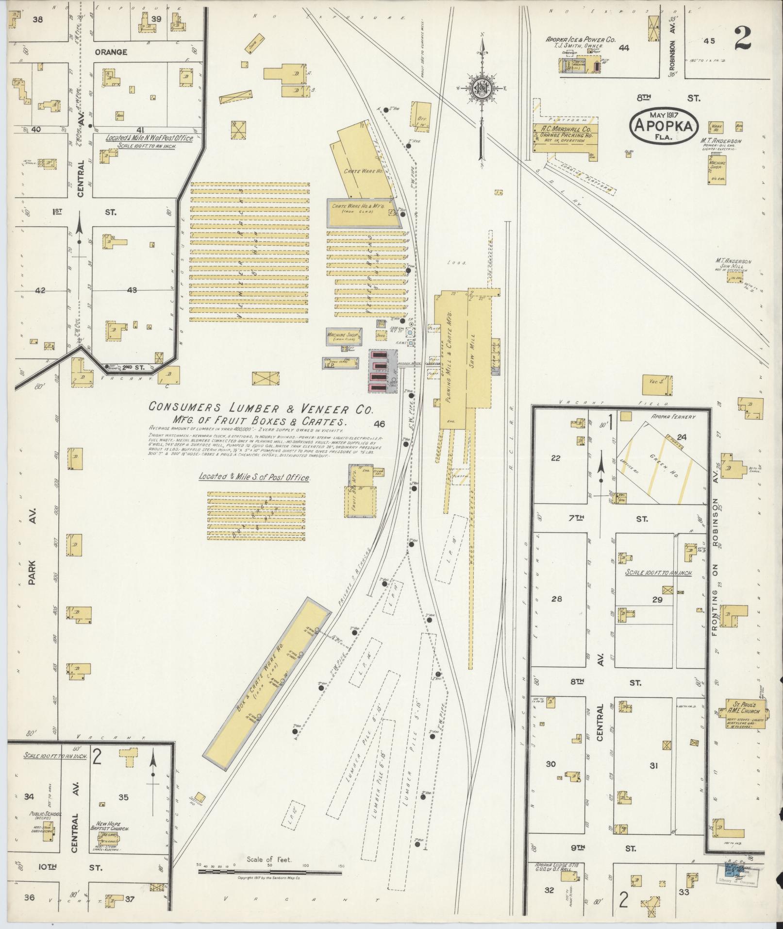 Sanborn Fire Insurance Map from Apopka, Orange County, Florida (1917), Sheet #0002 - Complete Map Set gallery image, historic Sanborn map, vintage wall art, Florida Florida