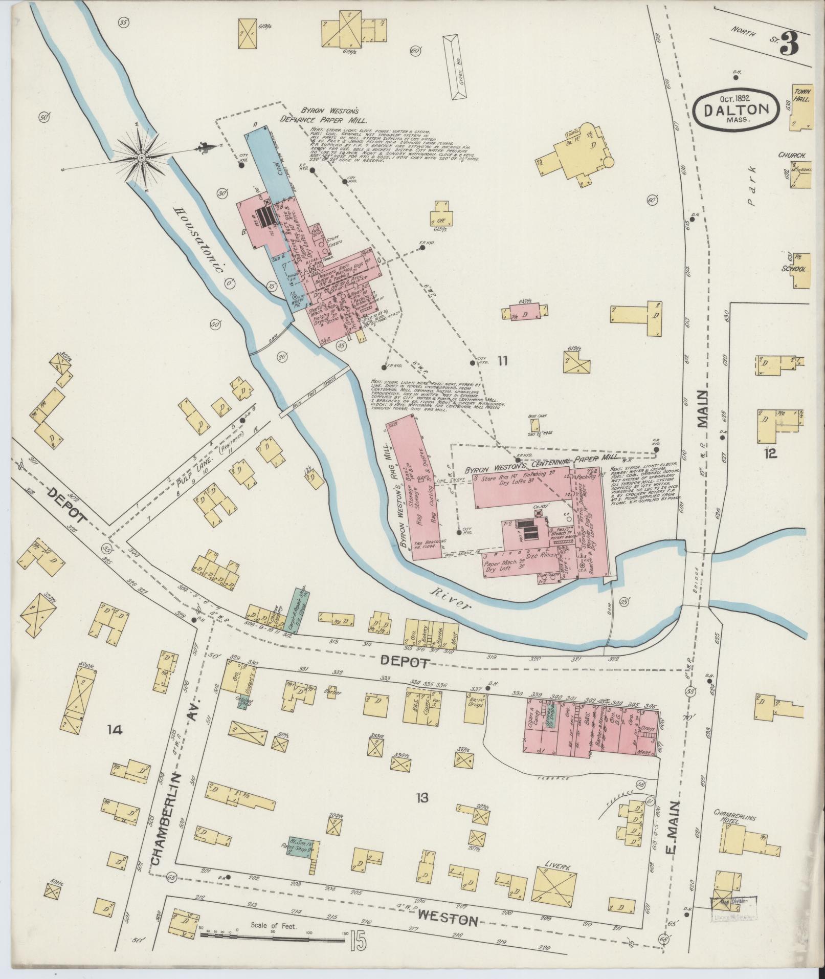 Sanborn Fire Insurance Map from Dalton, Berkshire County, Massachusetts (1892), Sheet #0003 - Historic Sanborn Fire Insurance Map Print, vintage old map wall art, antique decor, genealogy gift, Massachusetts Massachusetts map
