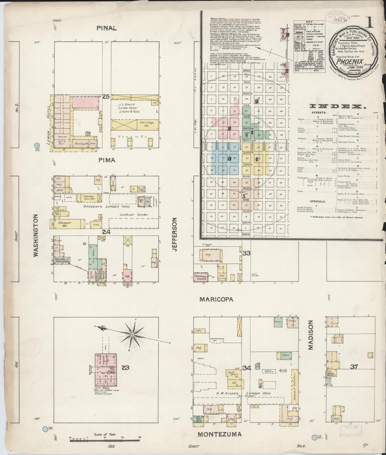 Sanborn Fire Insurance Map from Phoenix, Maricopa County, Arizona (1889), Sheet #0001 - Complete Map Set gallery image, historic Sanborn map, vintage wall art, Arizona Arizona