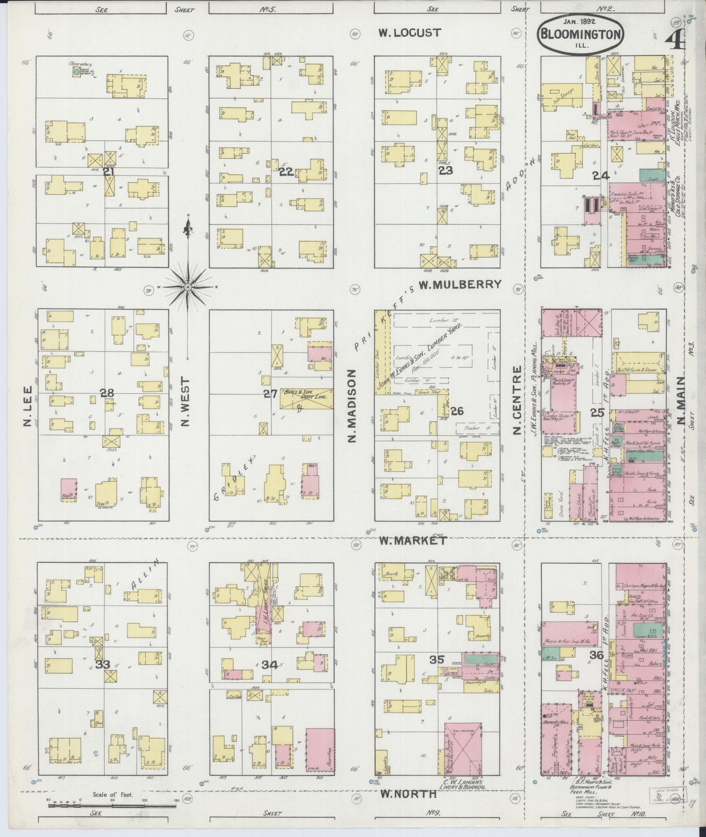 Sanborn Fire Insurance Map from Bloomington, McLean County, Illinois (1892), Sheet #0004 - Complete Map Set gallery image, historic Sanborn map, vintage wall art, Illinois Illinois