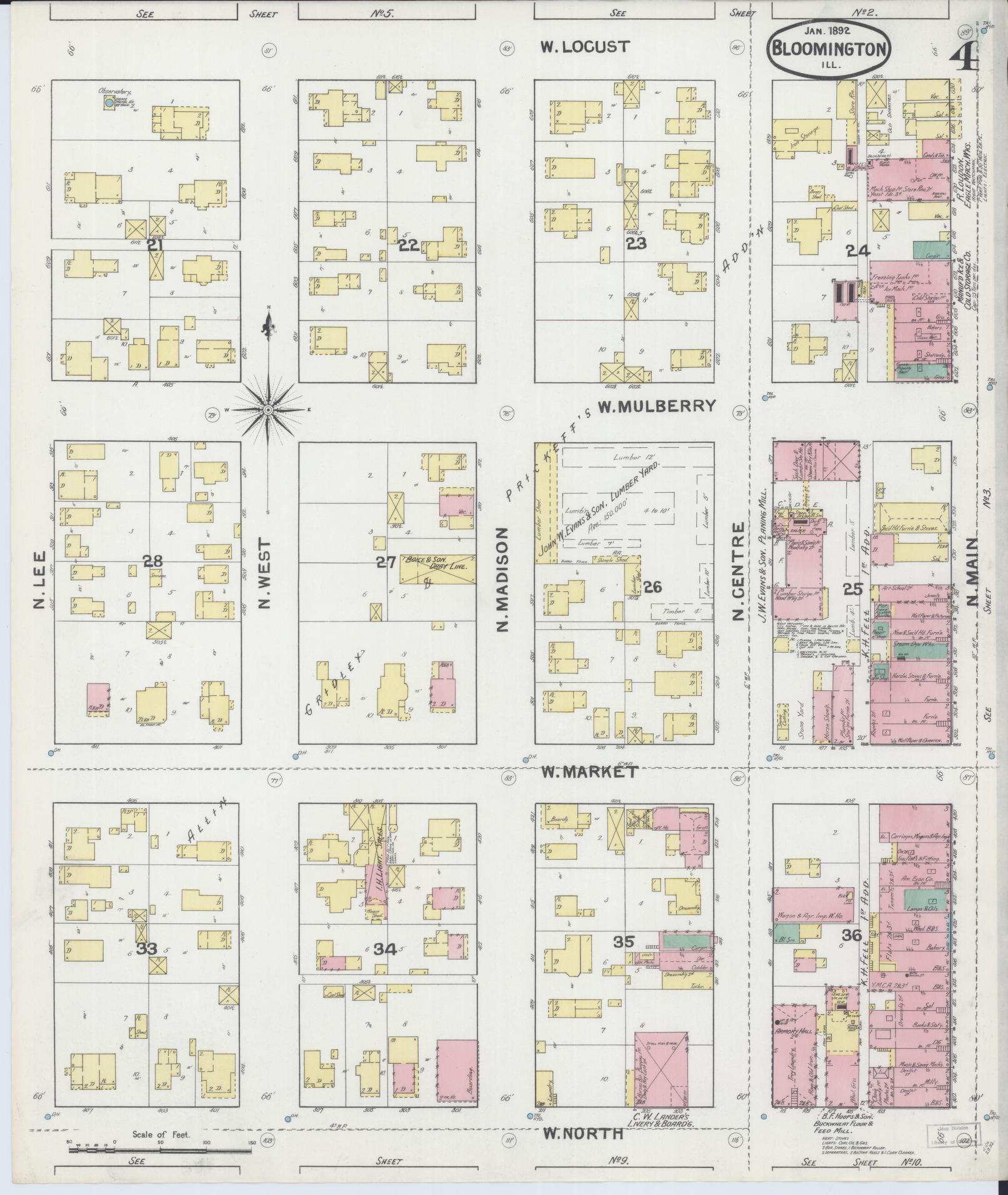 Sanborn Fire Insurance Map from Bloomington, McLean County, Illinois (1892), Sheet #0004 - Complete Map Set gallery image, historic Sanborn map, vintage wall art, Illinois Illinois