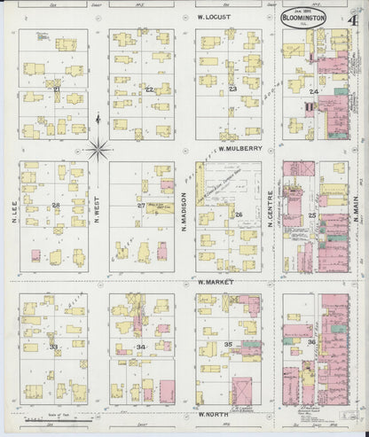 Sanborn Fire Insurance Map from Bloomington, McLean County, Illinois (1892), Sheet #0004 - Complete Map Set gallery image, historic Sanborn map, vintage wall art, Illinois Illinois