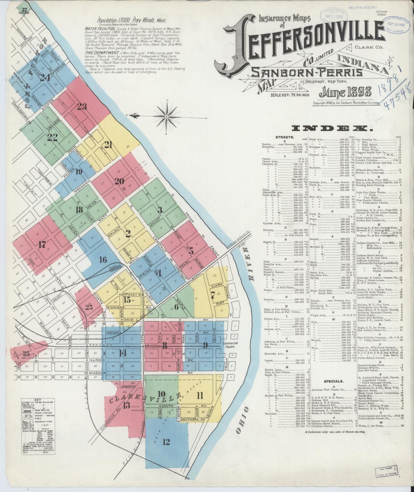 Sanborn Fire Insurance Map from Jeffersonville, Clark County, Indiana (1898), Sheet #0001 - Historic Sanborn Fire Insurance Map Print, vintage old map wall art, antique decor, genealogy gift, Indiana Indiana map