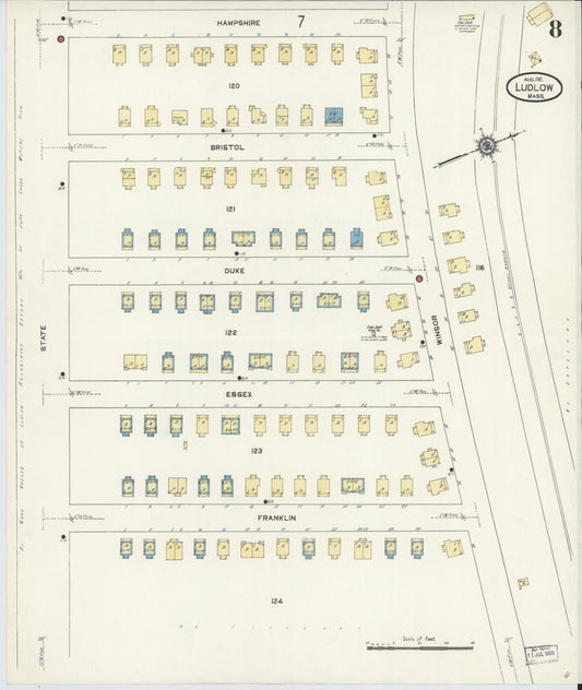 Sanborn Fire Insurance Map from Ludlow, Hampden County, Massachusetts (1911), Sheet #0008 - Historic Sanborn Fire Insurance Map Print, vintage old map wall art, antique decor, genealogy gift, Massachusetts Massachusetts map
