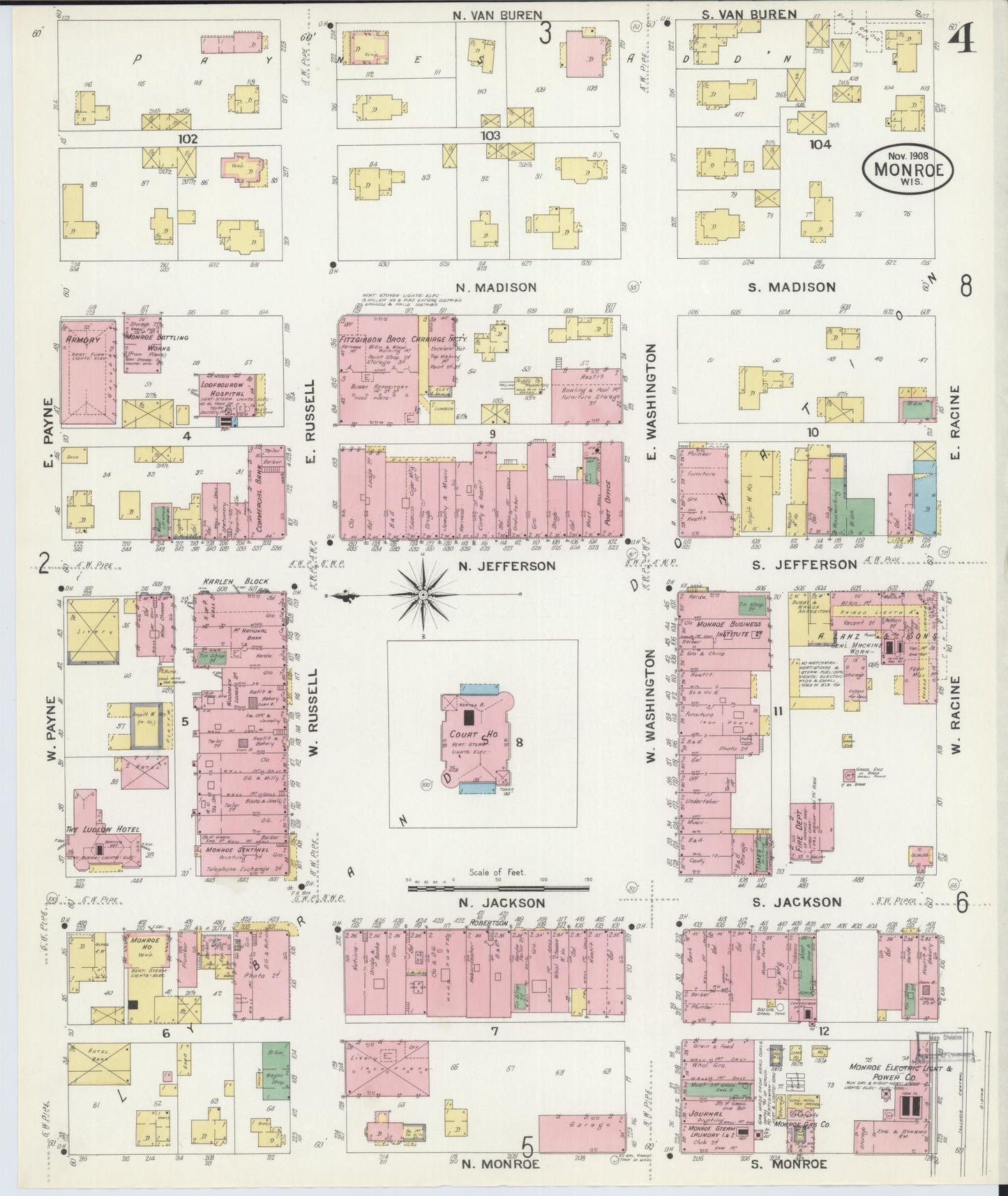 Sanborn Fire Insurance Map from Monroe, Green County, Wisconsin (1908), Sheet #0004 - Historic Sanborn Fire Insurance Map Print, vintage old map wall art, antique decor, genealogy gift, Wisconsin Wisconsin map