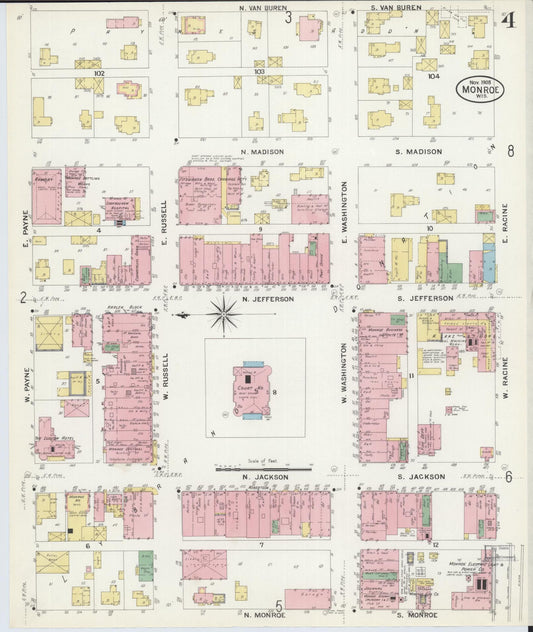 Sanborn Fire Insurance Map from Monroe, Green County, Wisconsin (1908), Sheet #0004 - Historic Sanborn Fire Insurance Map Print, vintage old map wall art, antique decor, genealogy gift, Wisconsin Wisconsin map