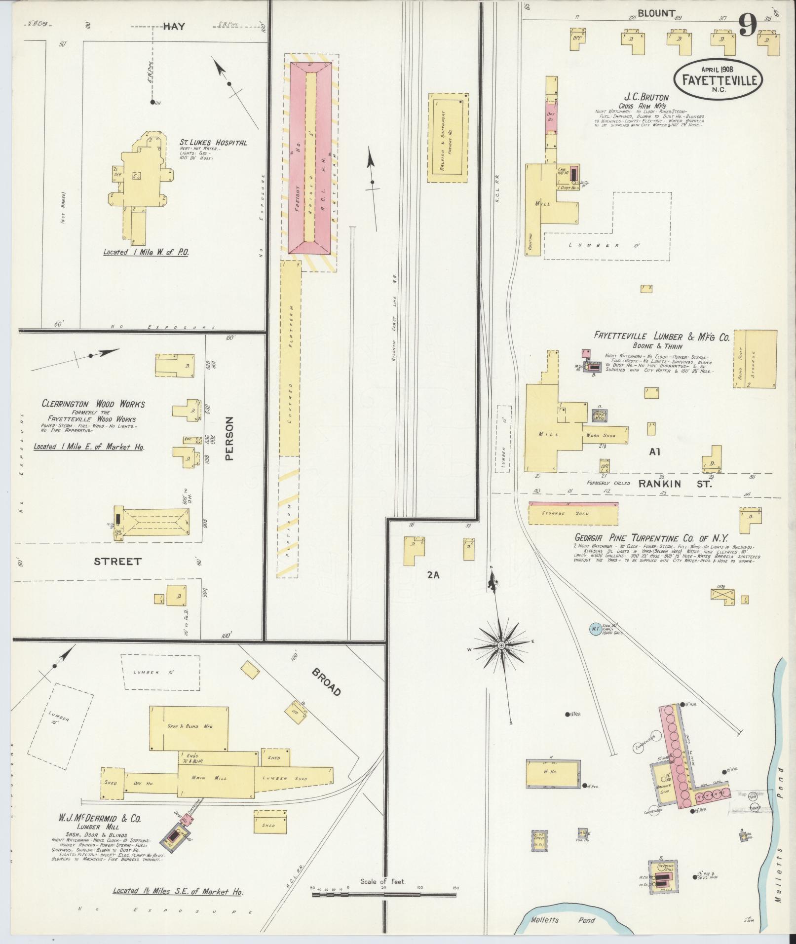Sanborn Fire Insurance Map from Fayetteville, Cumberland County, North Carolina (1908), Sheet #0009 - Historic Sanborn Fire Insurance Map Print, vintage old map wall art, antique decor, genealogy gift, North Carolina North Carolina map