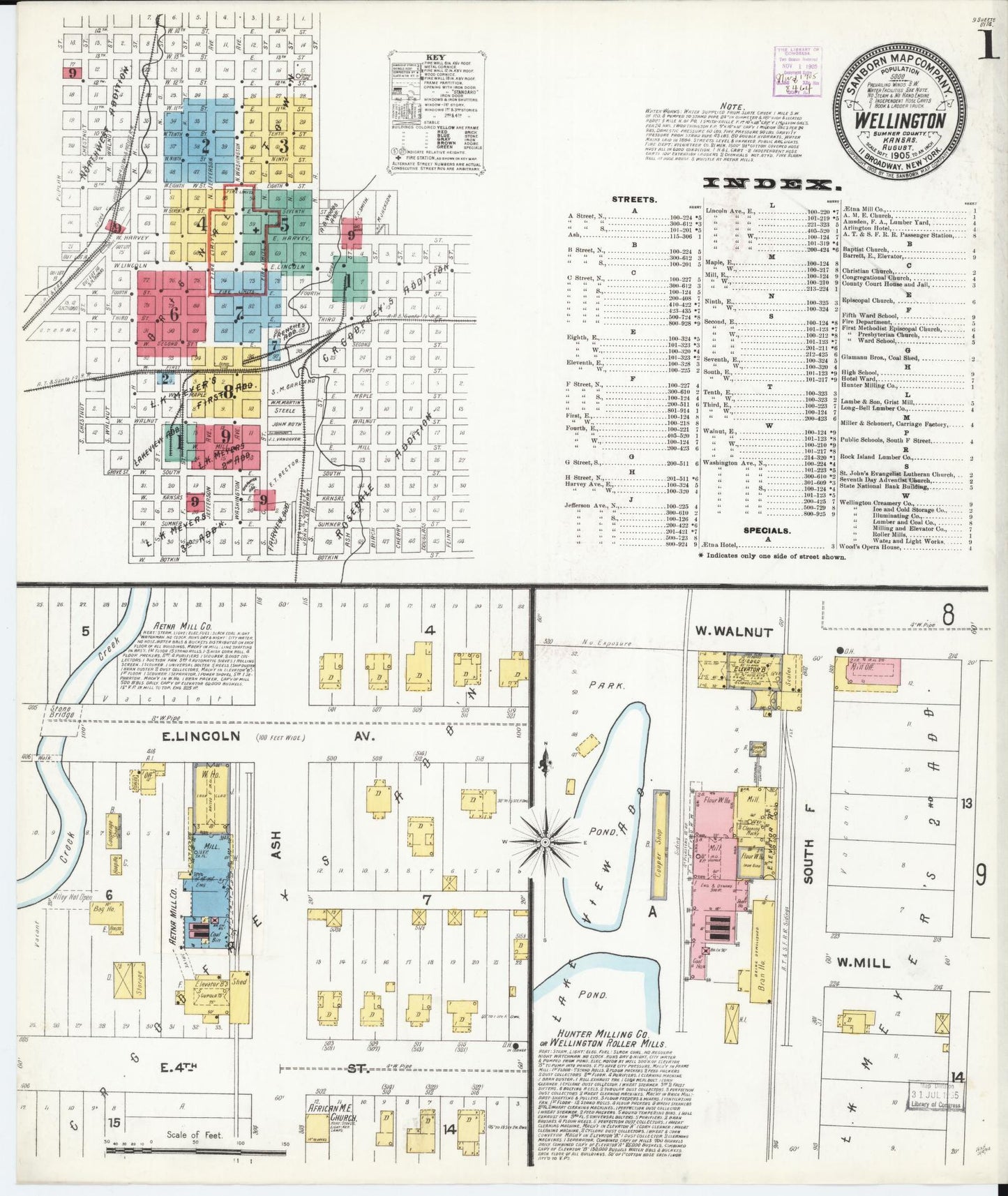 Sanborn Fire Insurance Map from Wellington, Sumner County, Kansas (1905), Sheet #0001 - Historic Sanborn Fire Insurance Map Print, vintage old map wall art, antique decor, genealogy gift, Kansas Kansas map