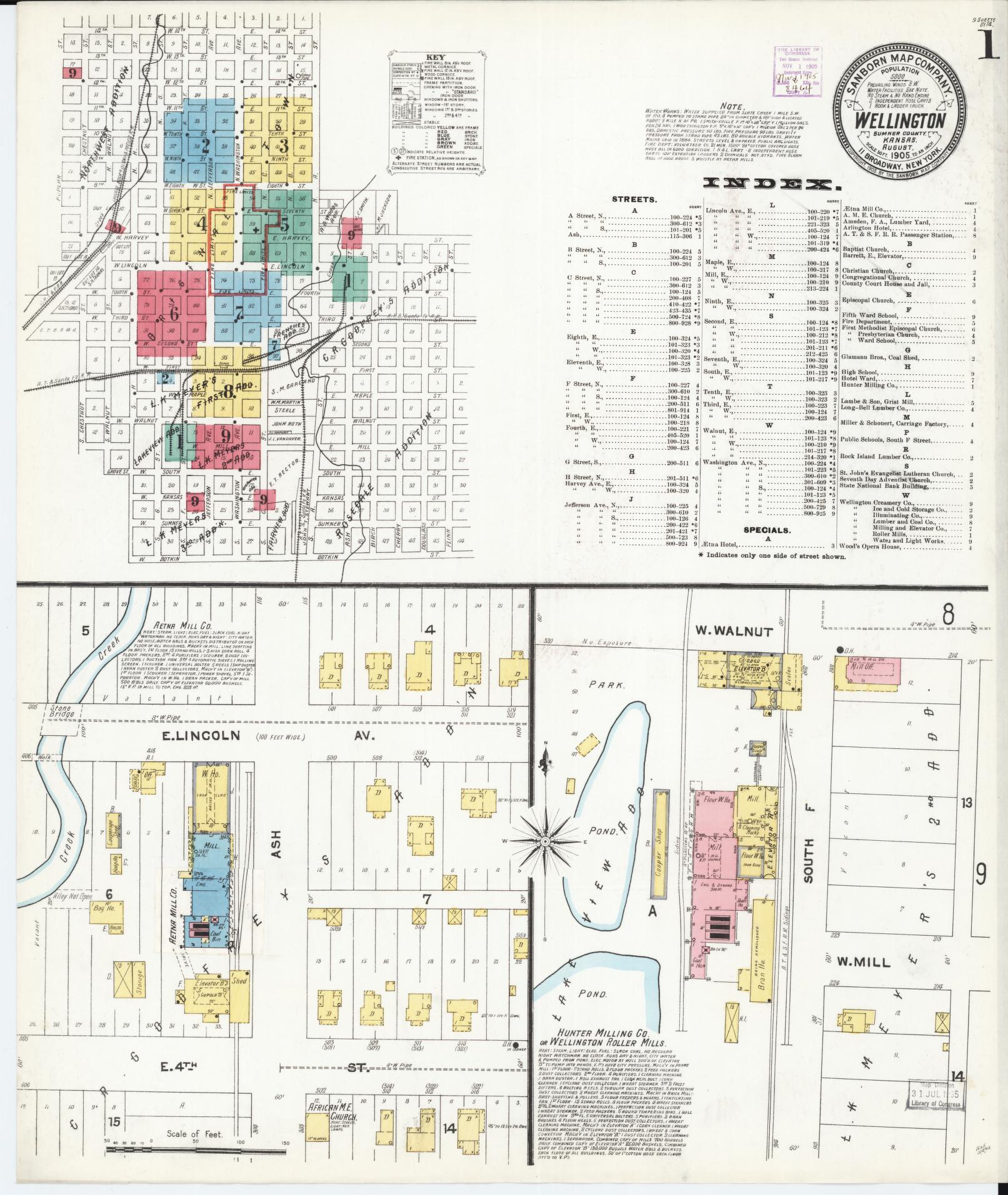 Sanborn Fire Insurance Map from Wellington, Sumner County, Kansas (1905), Sheet #0001 - Historic Sanborn Fire Insurance Map Print, vintage old map wall art, antique decor, genealogy gift, Kansas Kansas map