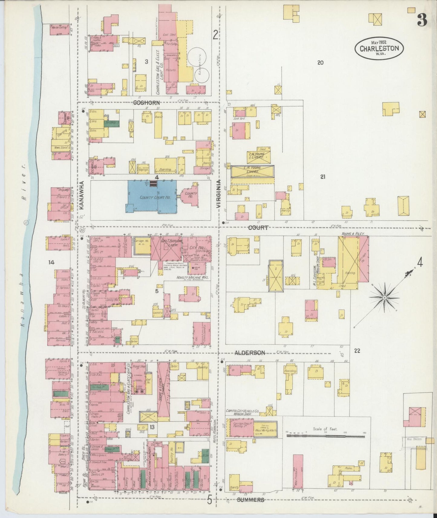 Sanborn Fire Insurance Map from Charleston, Kanawha County, West Virginia (1902), Sheet #0003 - Historic Sanborn Fire Insurance Map Print, vintage old map wall art, antique decor, genealogy gift, West Virginia West Virginia map