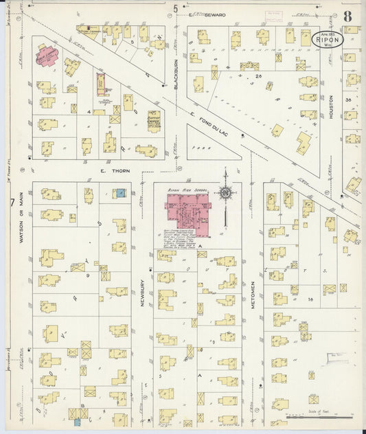 Sanborn Fire Insurance Map from Ripon, Fond du Lac County, Wisconsin (1913), Sheet #0008 - Historic Sanborn Fire Insurance Map Print, vintage old map wall art, antique decor, genealogy gift, Wisconsin Wisconsin map