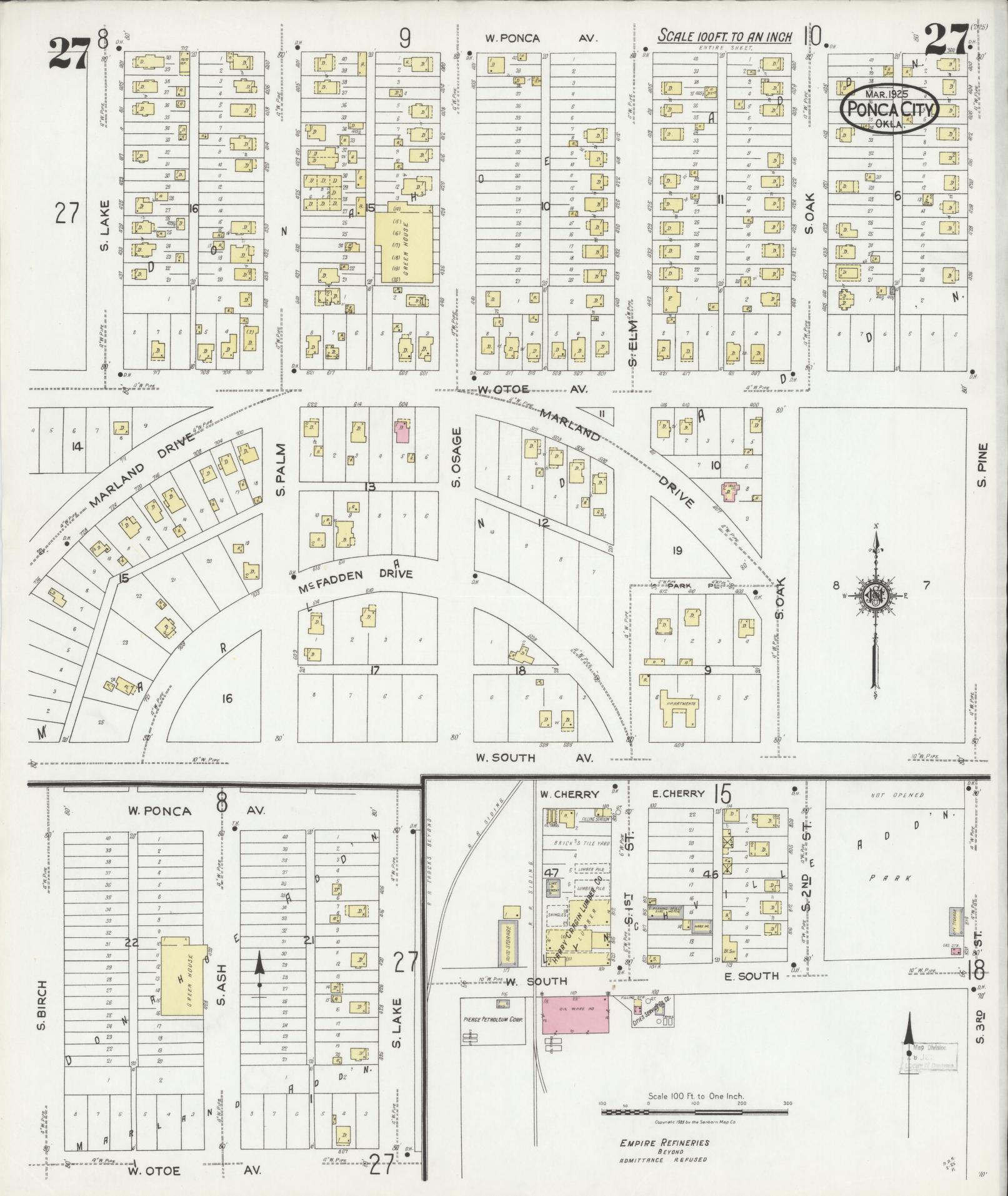 Sanborn Fire Insurance Map from Ponca City, Kay County, Oklahoma (1925), Sheet #0027 - Complete Map Set gallery image, historic Sanborn map, vintage wall art, Oklahoma Oklahoma