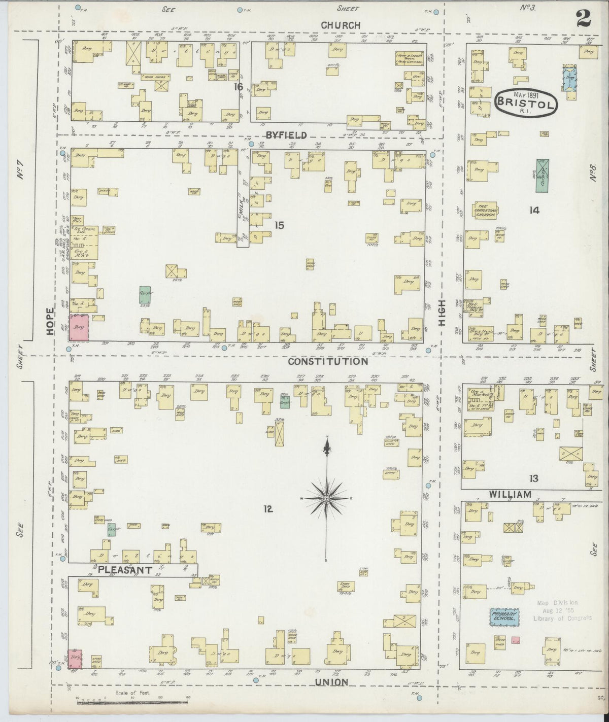 Sanborn Fire Insurance Map from Bristol, Bristol County, Rhode Island (1891), Sheet #0002 - Historic Sanborn Fire Insurance Map Print, vintage old map wall art, antique decor, genealogy gift, Rhode Island Rhode Island map