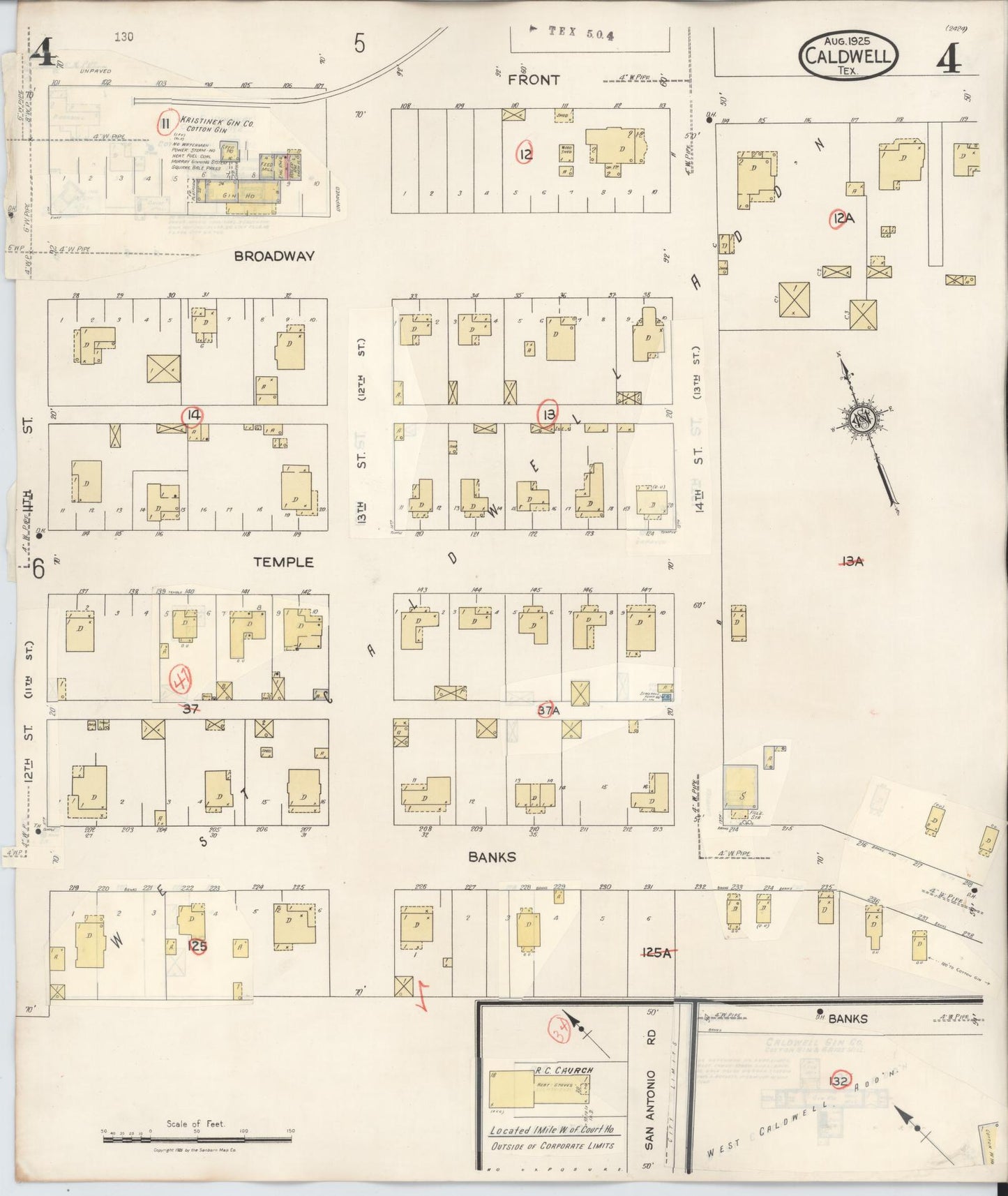 Sanborn Fire Insurance Map from Caldwell, Burleson County, Texas (1943), Sheet #0004 - Historic Sanborn Fire Insurance Map Print, vintage old map wall art, antique decor, genealogy gift, Texas Texas map