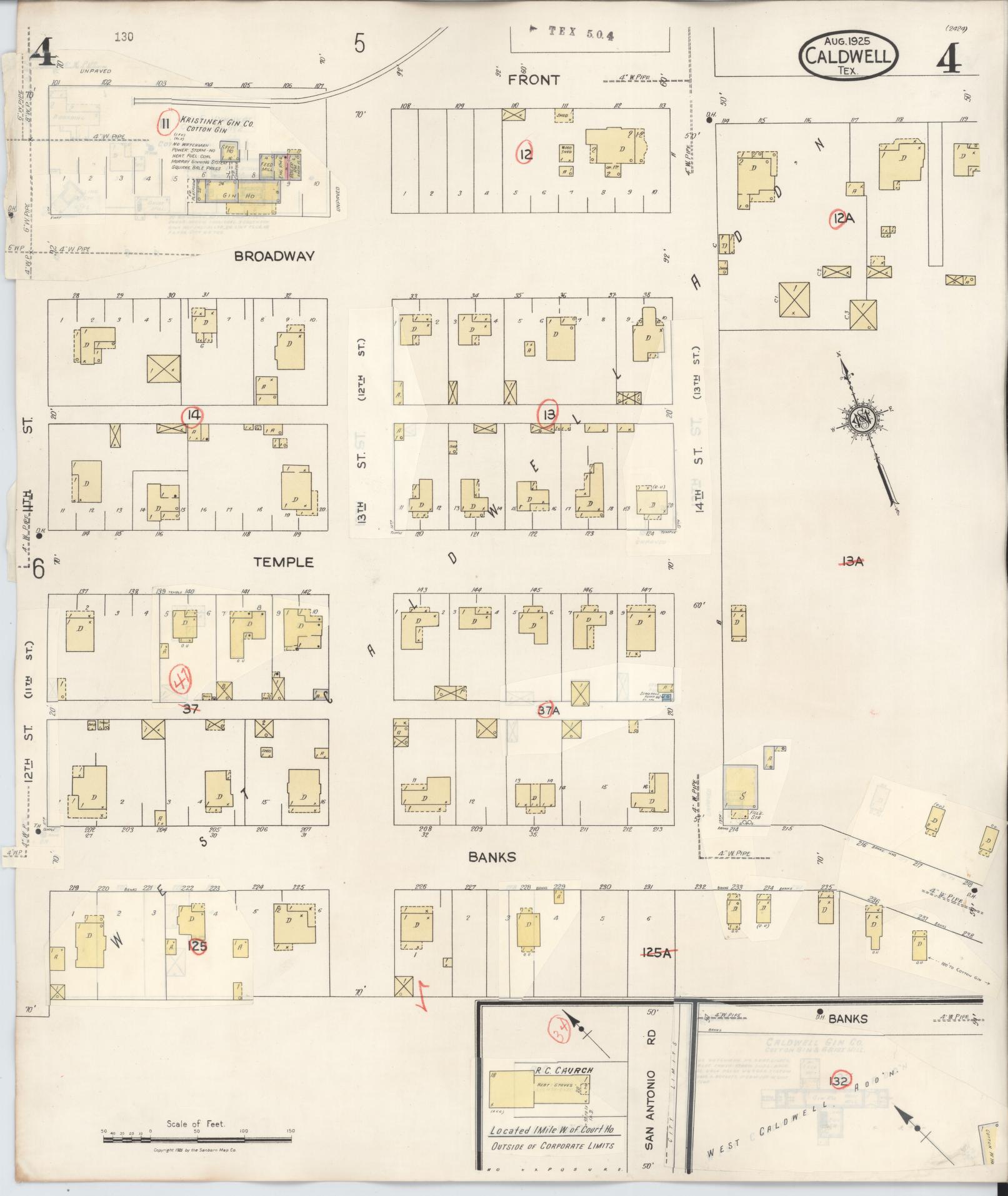 Sanborn Fire Insurance Map from Caldwell, Burleson County, Texas (1943), Sheet #0004 - Historic Sanborn Fire Insurance Map Print, vintage old map wall art, antique decor, genealogy gift, Texas Texas map