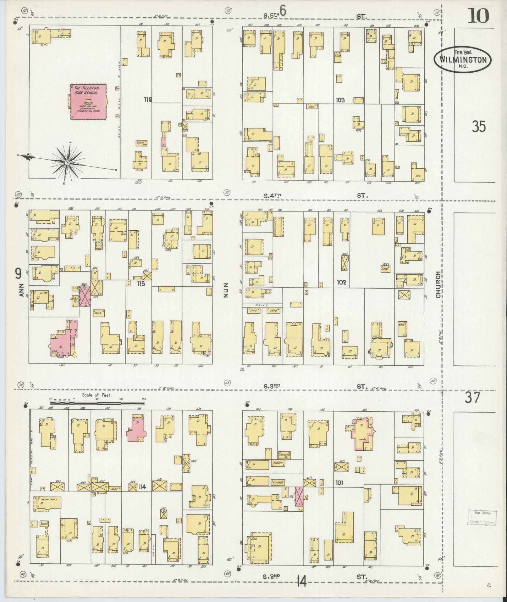 Sanborn Fire Insurance Map from Wilmington, New Hanover County, North Carolina (1904), Sheet #0010 - Historic Sanborn Fire Insurance Map Print, vintage old map wall art, antique decor, genealogy gift, North Carolina North Carolina map