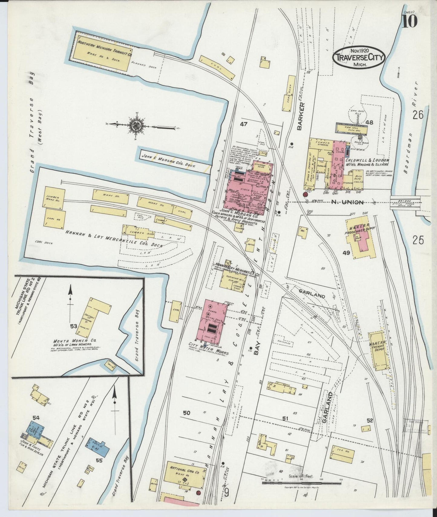 Sanborn Fire Insurance Map from Traverse City, Grand Traverse County, Michigan (1920), Sheet #0010 - Historic Sanborn Fire Insurance Map Print, vintage old map wall art, antique decor, genealogy gift, Michigan Michigan map