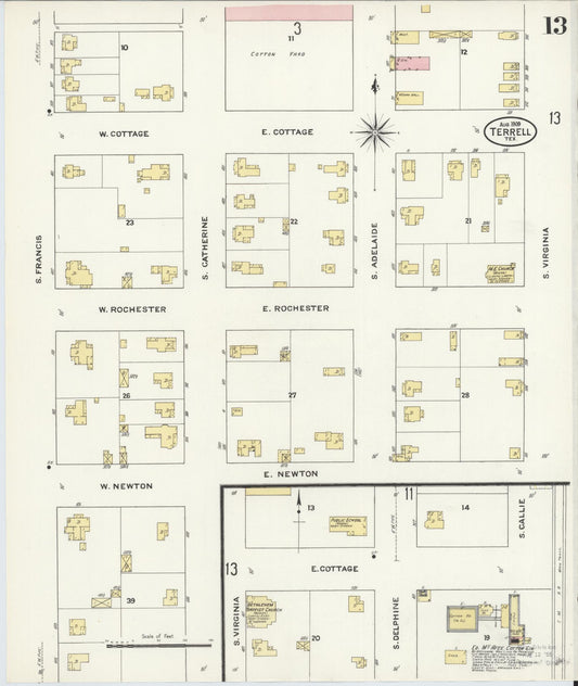 Sanborn Fire Insurance Map from Terrell, Kaufman County, Texas (1909), Sheet #0013 - Historic Sanborn Fire Insurance Map Print, vintage old map wall art, antique decor, genealogy gift, Texas Texas map
