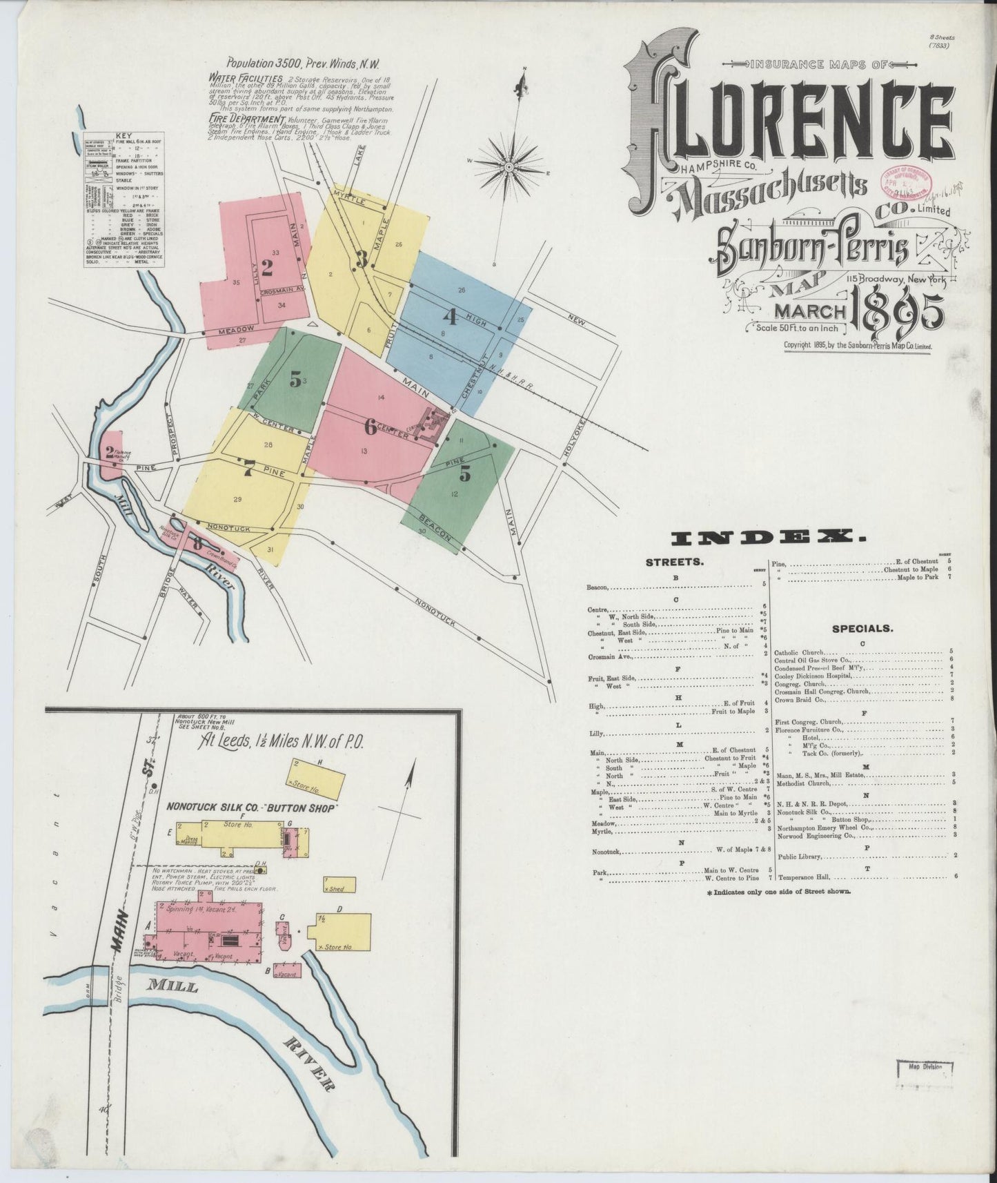Sanborn Fire Insurance Map from Florence, Hampshire County, Massachusetts (1895), Sheet #0001 - Complete Map Set gallery image, historic Sanborn map, vintage wall art, Massachusetts Massachusetts