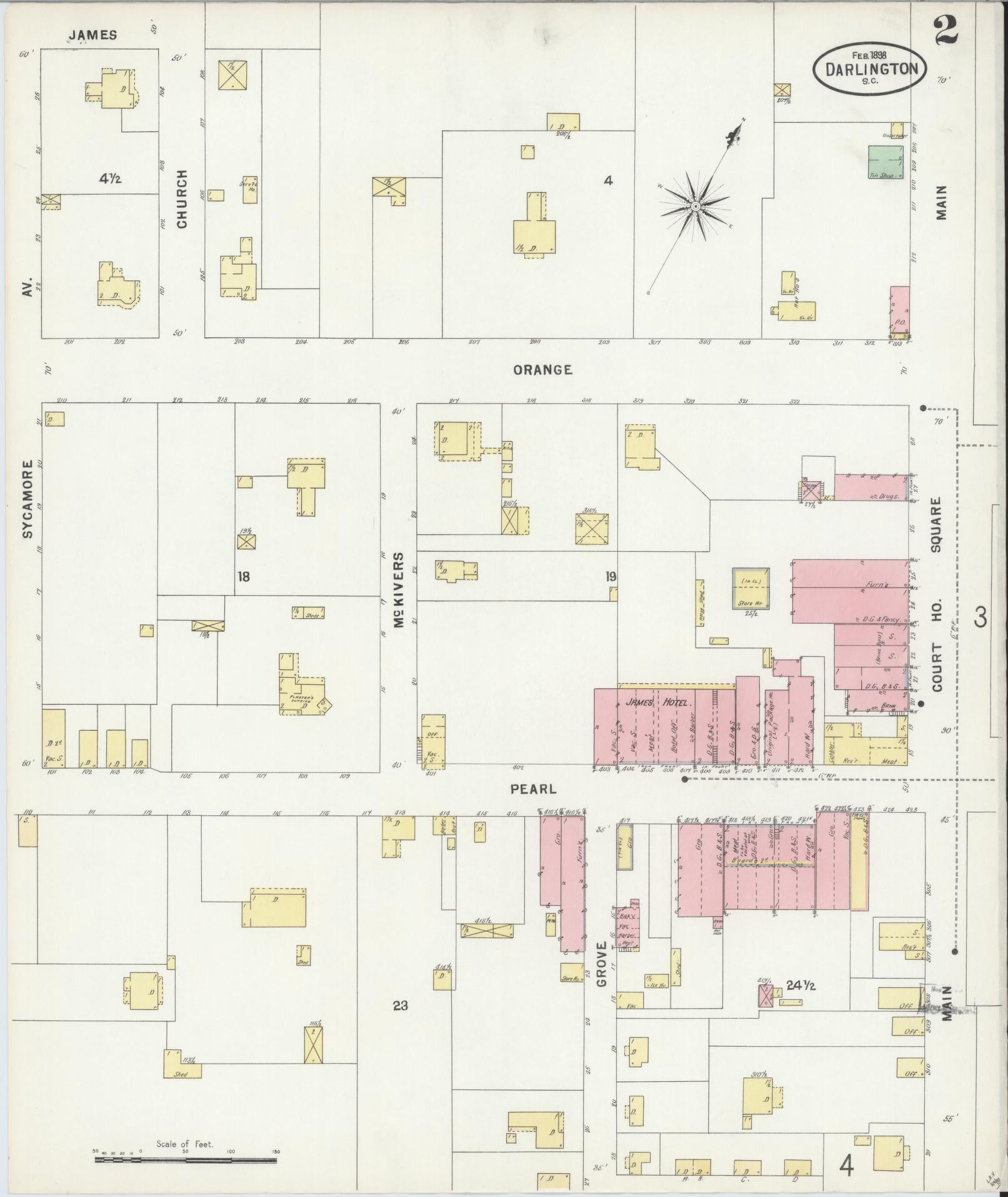 Sanborn Fire Insurance Map from Darlington, Darlington County, South Carolina (1898), Sheet #0002 - Complete Map Set gallery image, historic Sanborn map, vintage wall art, South Carolina South Carolina