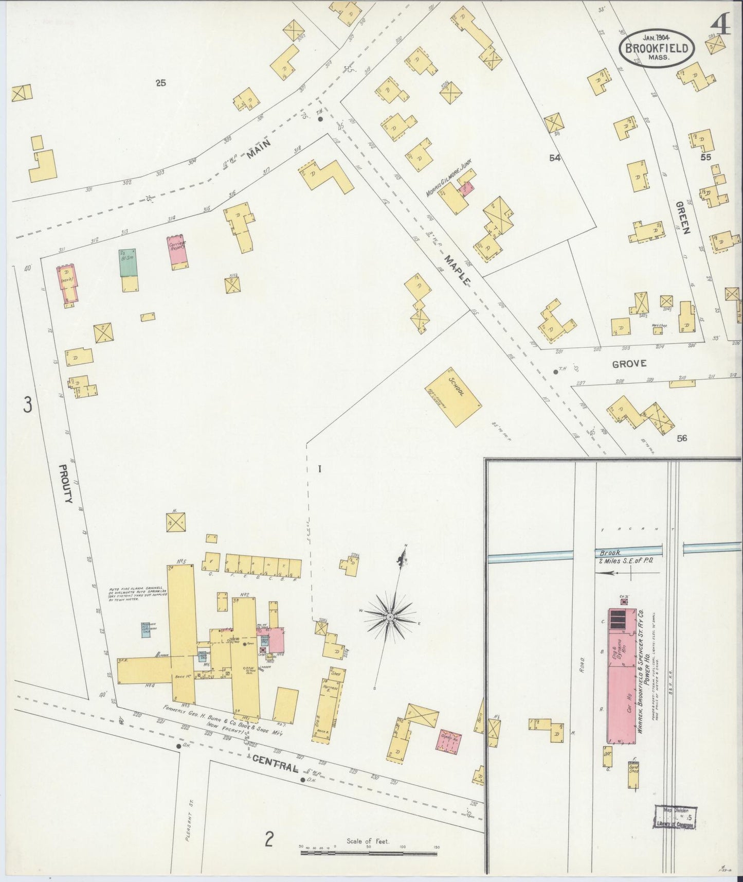 Sanborn Fire Insurance Map from Brookfield, Worcester County, Massachusetts (1904), Sheet #0004 - Historic Sanborn Fire Insurance Map Print, vintage old map wall art, antique decor, genealogy gift, Massachusetts Massachusetts map