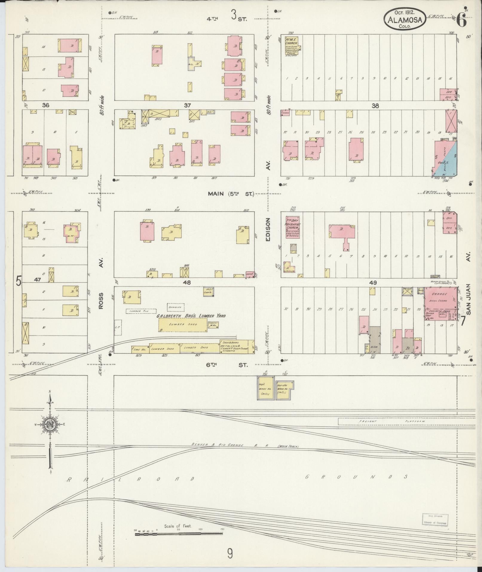Sanborn Fire Insurance Map from Alamosa, Alamosa County, Colorado (1912), Sheet #0006 - Historic Sanborn Fire Insurance Map Print, vintage old map wall art, antique decor, genealogy gift, Colorado Colorado map