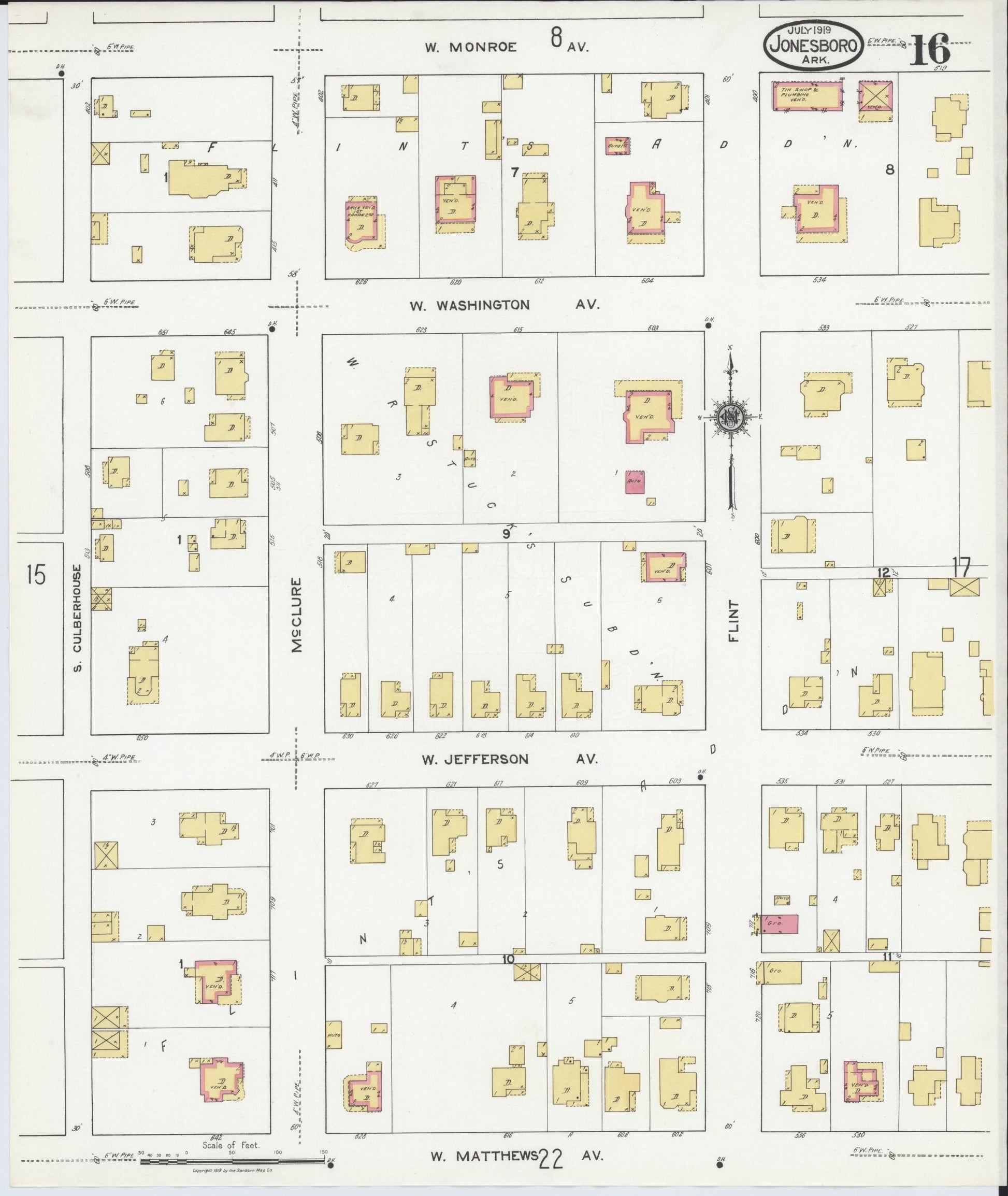 Sanborn Fire Insurance Map from Jonesboro, Craighead County, Arkansas (1919), Sheet #0016 - Historic Sanborn Fire Insurance Map Print, vintage old map wall art, antique decor, genealogy gift, Arkansas Arkansas map