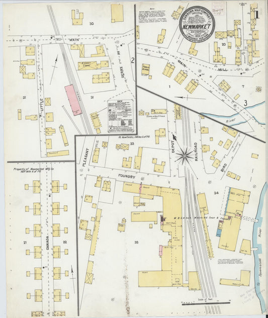 Sanborn Fire Insurance Map from New Market, Rockingham County, New Hampshire (1904), Sheet #0001 - Complete Map Set gallery image, historic Sanborn map, vintage wall art, New Hampshire New Hampshire