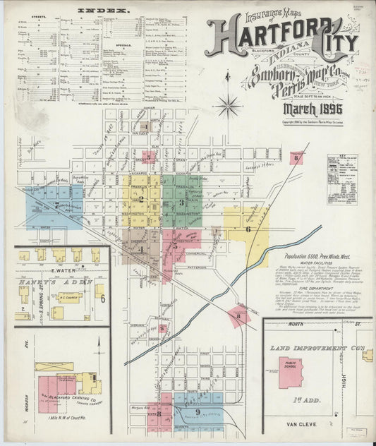 Sanborn Fire Insurance Map from Hartford City, Blackford County, Indiana (1896), Sheet #0001 - Historic Sanborn Fire Insurance Map Print, vintage old map wall art, antique decor, genealogy gift, Indiana Indiana map