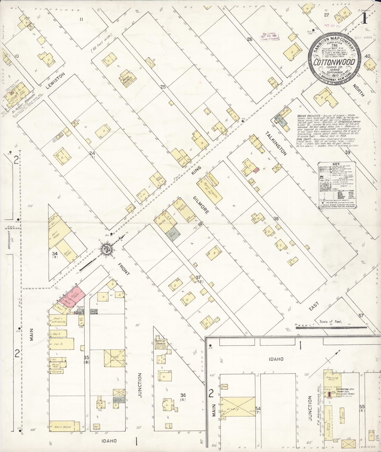 Sanborn Fire Insurance Map from Cottonwood, Idaho County, Idaho (1910), Sheet #0001 - Historic Sanborn Fire Insurance Map Print, vintage old map wall art, antique decor, genealogy gift, Cottonwood Idaho map