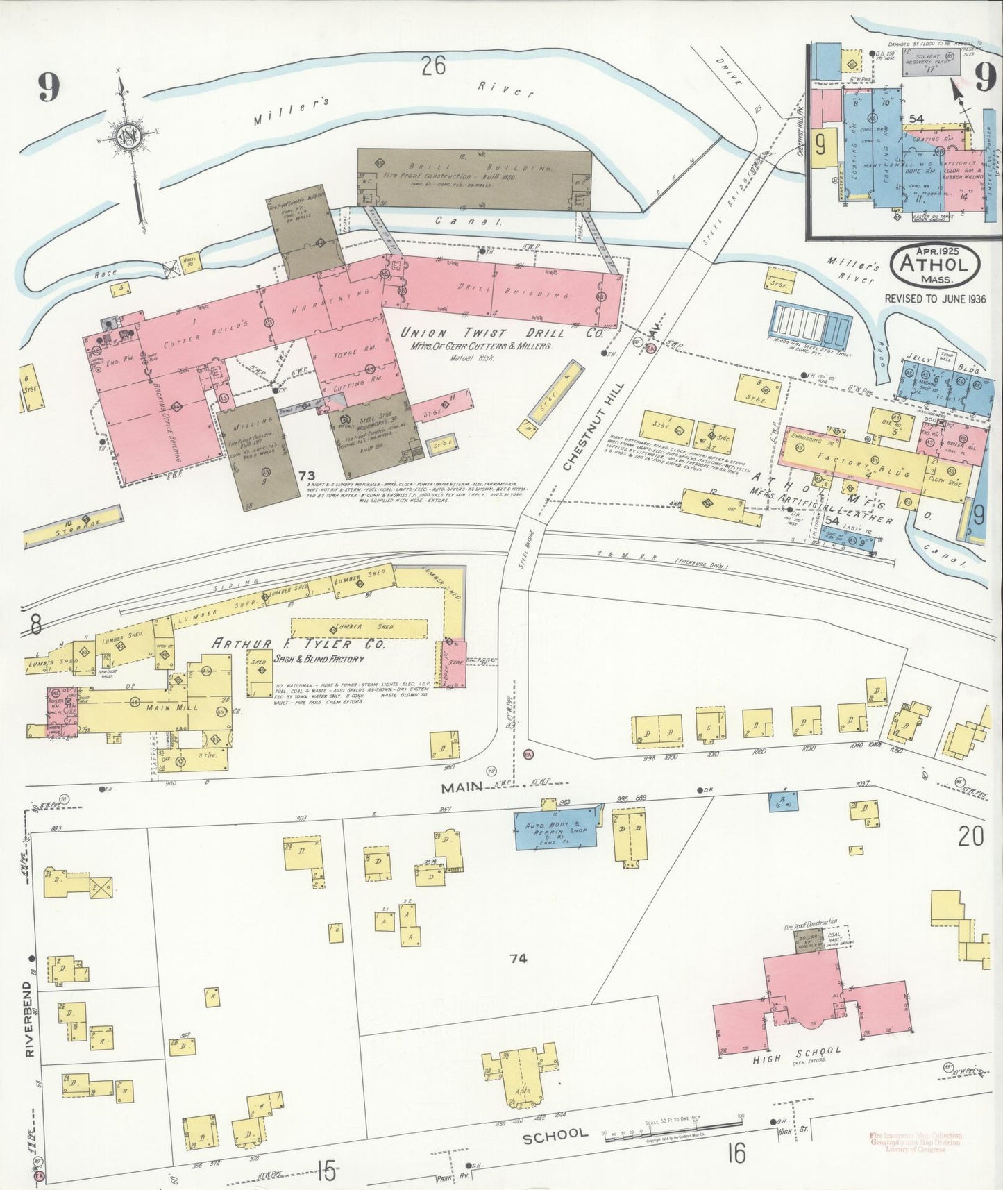 Sanborn Fire Insurance Map from Athol, Worcester County, Massachusetts (1936), Sheet #0009 - Complete Map Set gallery image, historic Sanborn map, vintage wall art, Massachusetts Massachusetts