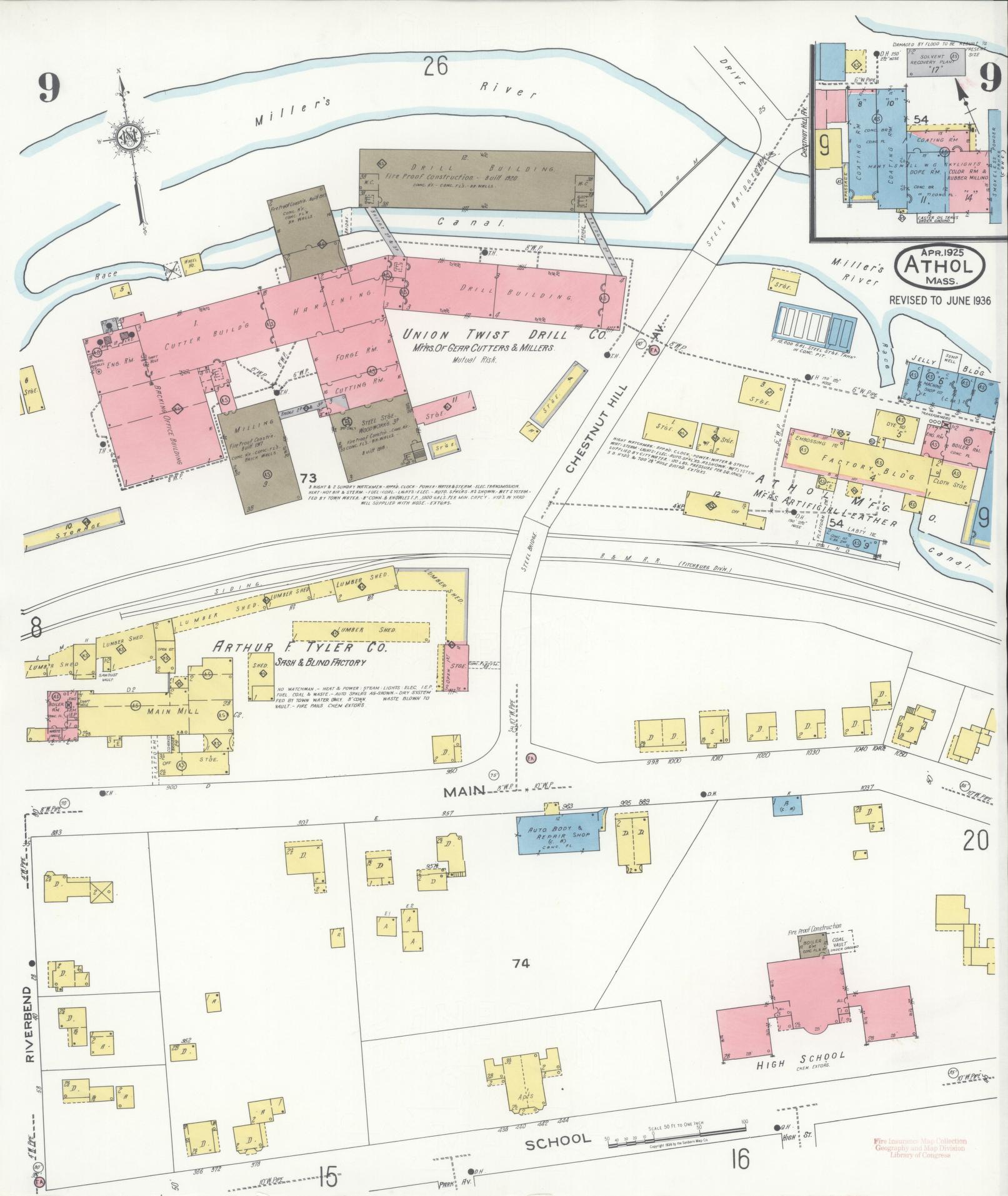 Sanborn Fire Insurance Map from Athol, Worcester County, Massachusetts (1936), Sheet #0009 - Complete Map Set gallery image, historic Sanborn map, vintage wall art, Massachusetts Massachusetts