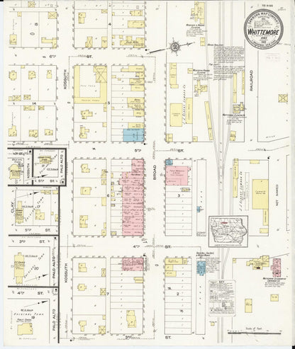 Sanborn Fire Insurance Map from Whittemore, Kossuth County, Iowa (1915), Sheet #0001 - Historic Sanborn Fire Insurance Map Print, vintage old map wall art