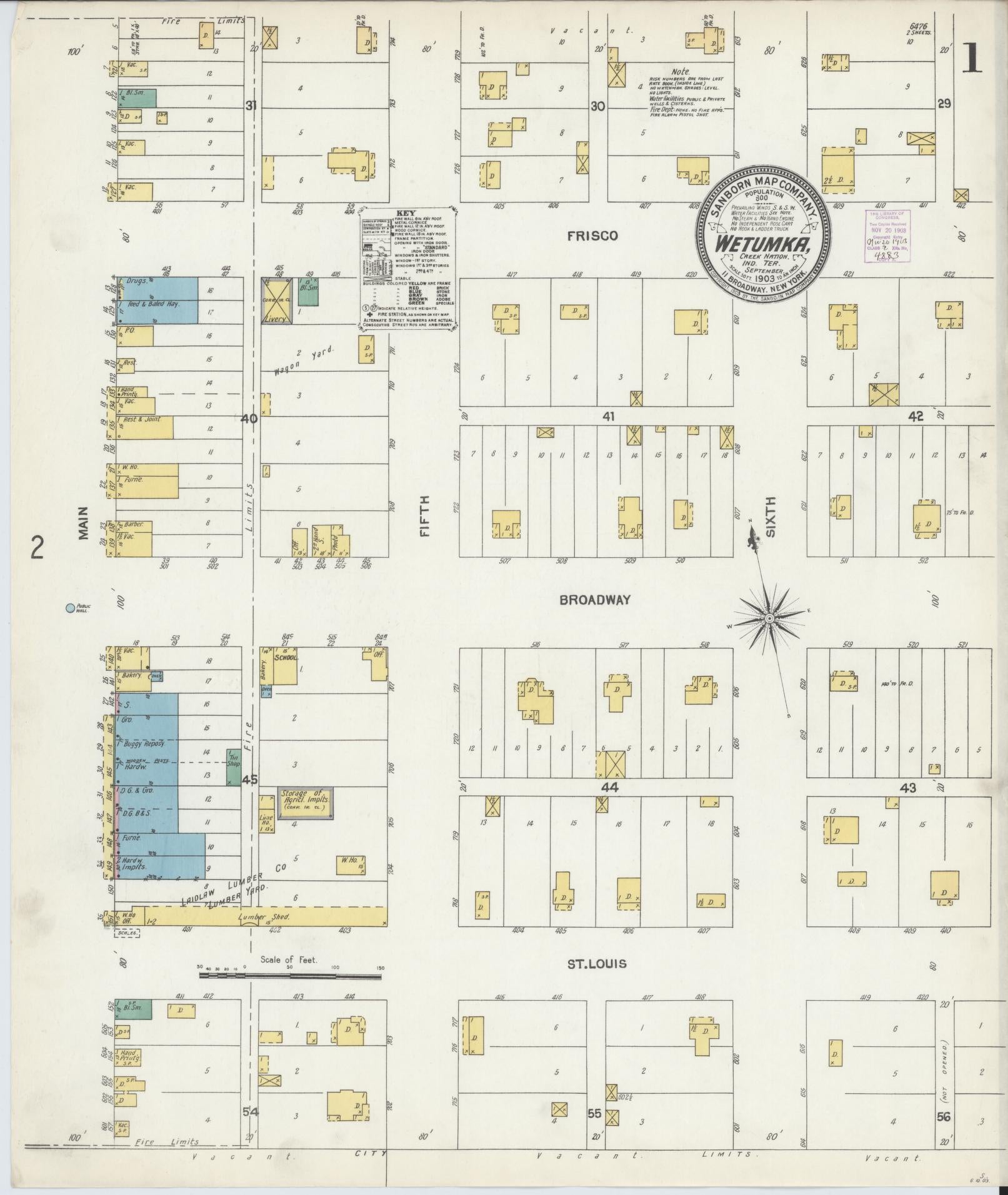 Sanborn Fire Insurance Map from Wetumka, Hughes County, Oklahoma (1903), Sheet #0001 - Historic Sanborn Fire Insurance Map Print, vintage old map wall art, antique decor, genealogy gift, Oklahoma Oklahoma map