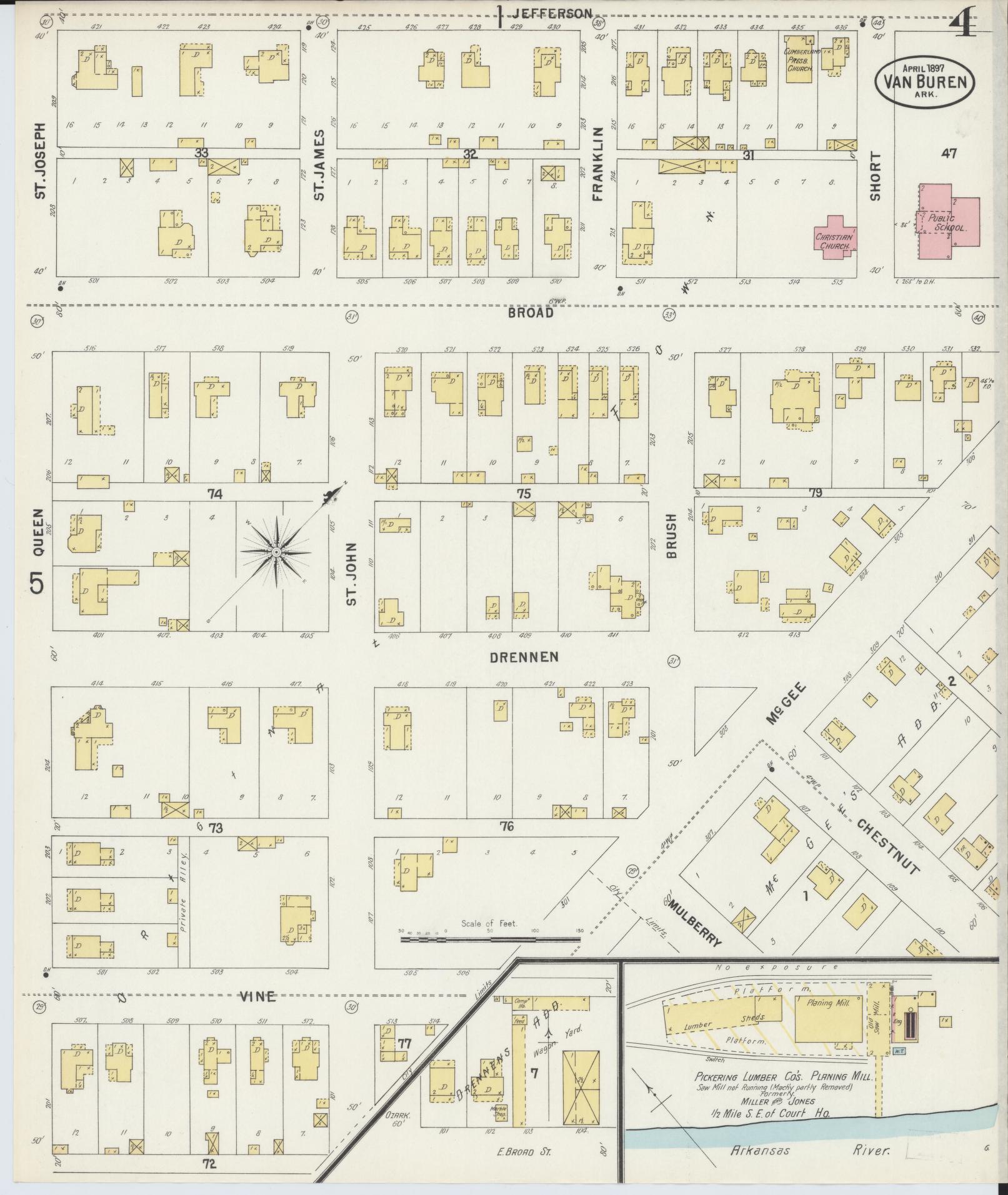 Sanborn Fire Insurance Map from Van Buren, Crawford County, Arkansas (1897), Sheet #0004 - Historic Sanborn Fire Insurance Map Print, vintage old map wall art, antique decor, genealogy gift, Arkansas Arkansas map