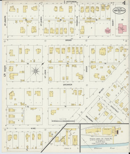 Sanborn Fire Insurance Map from Van Buren, Crawford County, Arkansas (1897), Sheet #0004 - Historic Sanborn Fire Insurance Map Print, vintage old map wall art, antique decor, genealogy gift, Arkansas Arkansas map