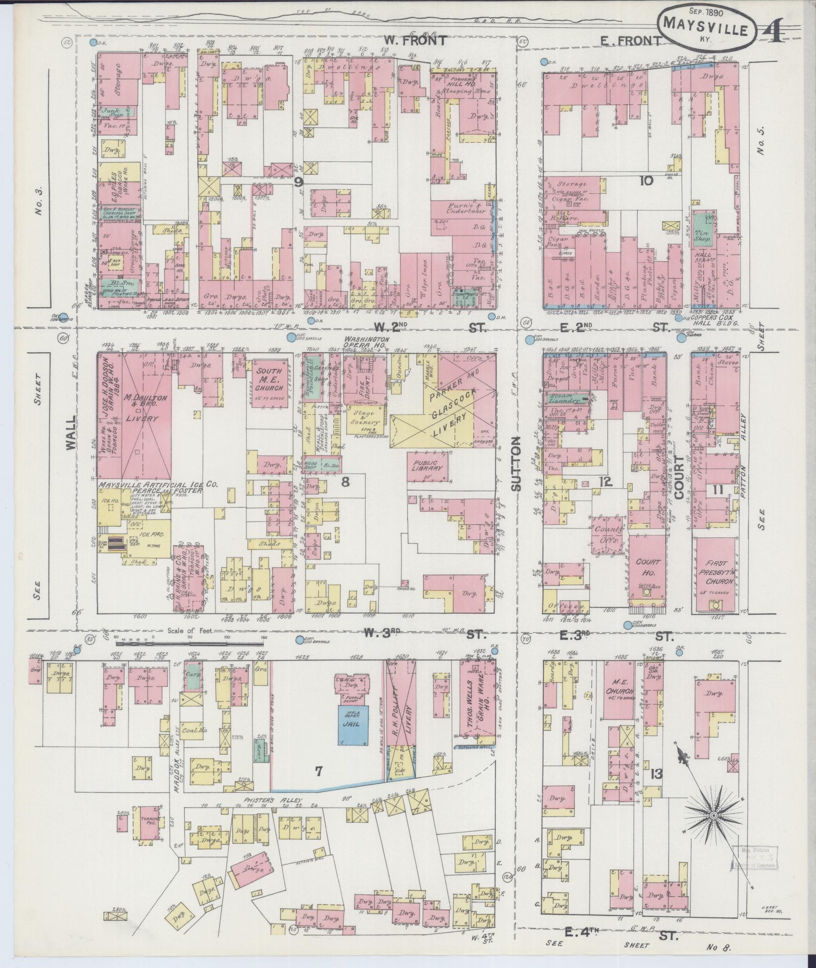 Sanborn Fire Insurance Map from Maysville, Mason County, Kentucky (1890), Sheet #0004 - Historic Sanborn Fire Insurance Map Print, vintage old map wall art, antique decor, genealogy gift, Kentucky Kentucky map