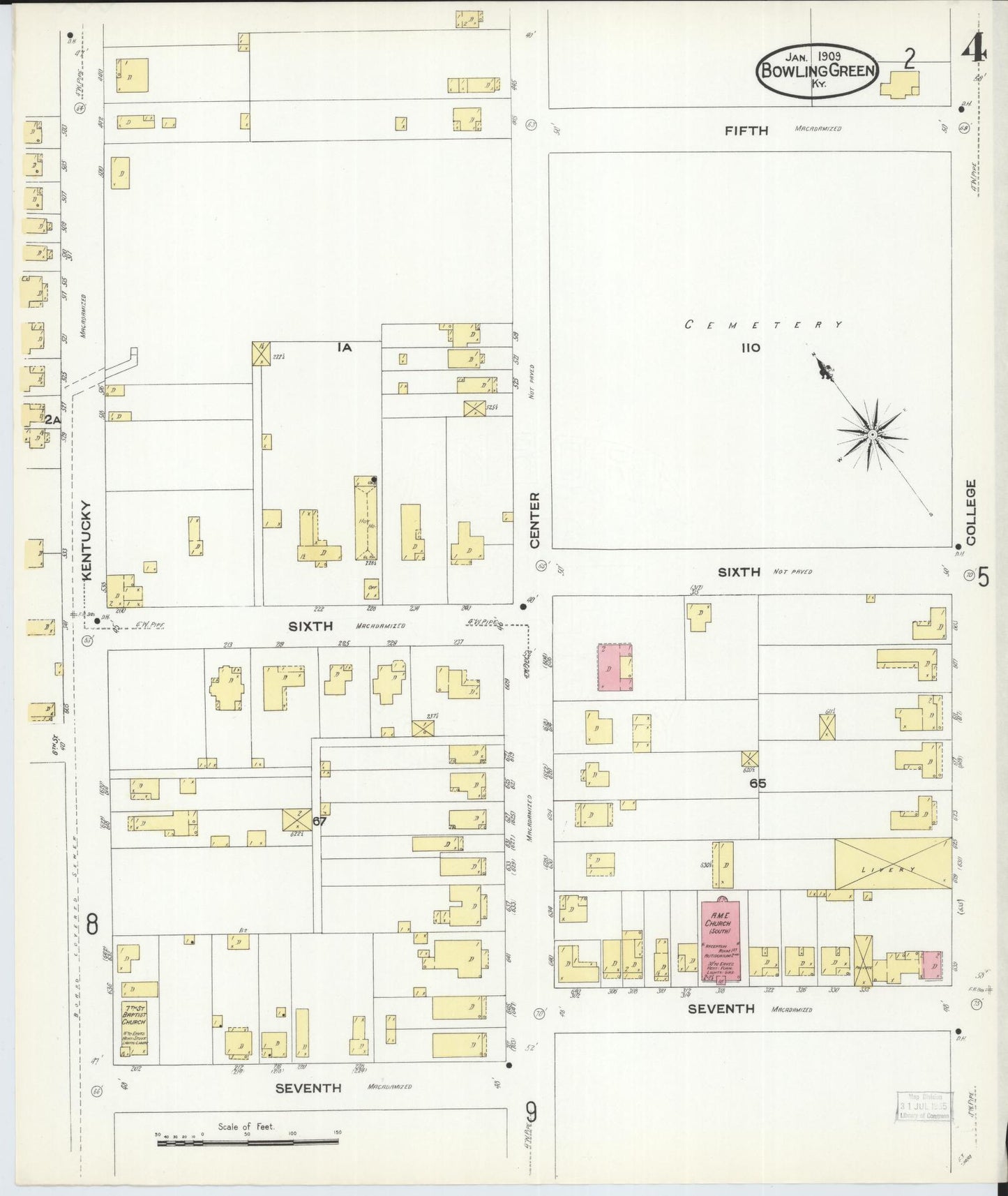Sanborn Fire Insurance Map from Bowling Green, Warren County, Kentucky (1909), Sheet #0004 - Historic Sanborn Fire Insurance Map Print, vintage old map wall art, antique decor, genealogy gift, Kentucky Kentucky map