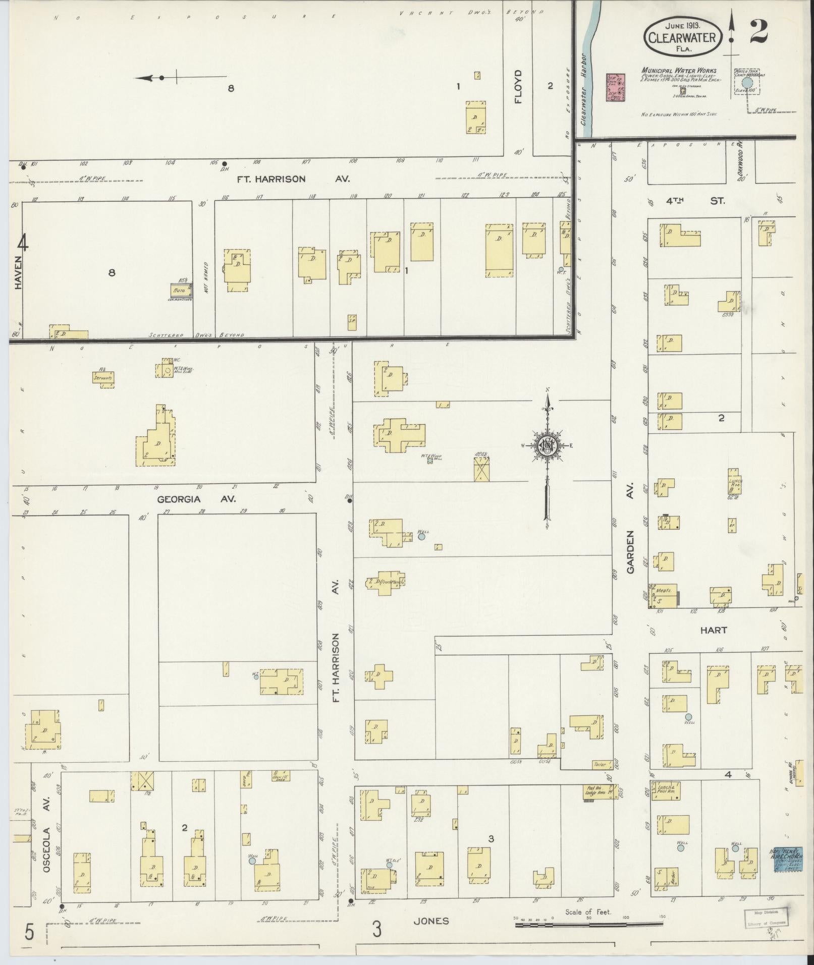 Sanborn Fire Insurance Map from Clearwater, Pinellas County, Florida (1913), Sheet #0002 - Historic Sanborn Fire Insurance Map Print, vintage old map wall art, antique decor, genealogy gift, Florida Florida map