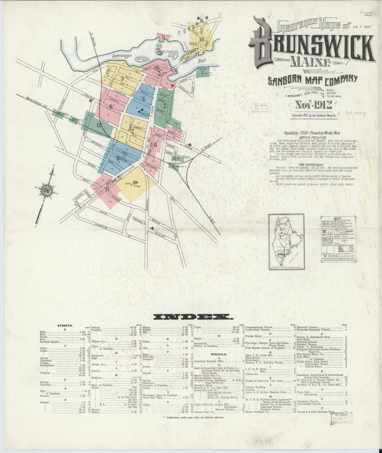 Sanborn Fire Insurance Map from Brunswick, Cumberland County, Maine (1912), Sheet #0001 - Complete Map Set gallery image, historic Sanborn map, vintage wall art, Maine Maine