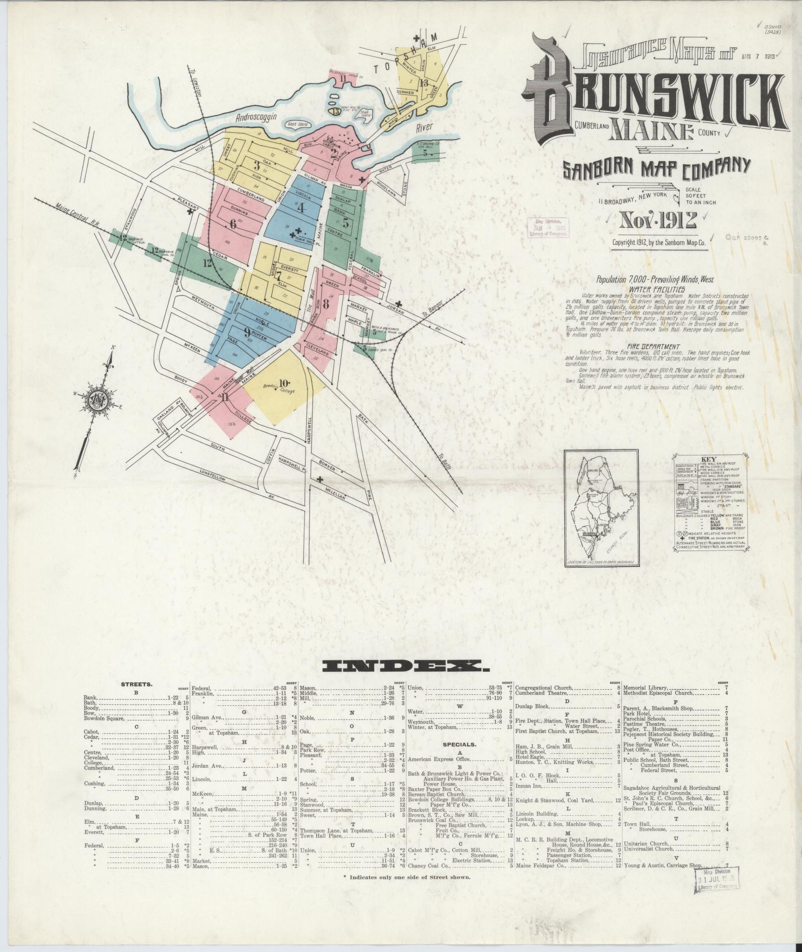 Sanborn Fire Insurance Map from Brunswick, Cumberland County, Maine (1912), Sheet #0001 - Complete Map Set gallery image, historic Sanborn map, vintage wall art, Maine Maine