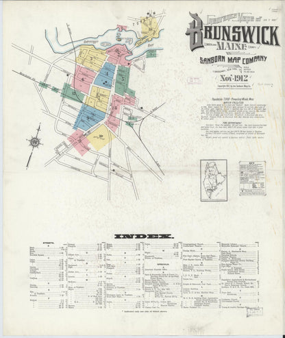 Sanborn Fire Insurance Map from Brunswick, Cumberland County, Maine (1912), Sheet #0001 - Complete Map Set gallery image, historic Sanborn map, vintage wall art, Maine Maine