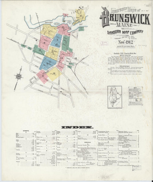 Sanborn Fire Insurance Map from Brunswick, Cumberland County, Maine (1912), Sheet #0001 - Complete Map Set gallery image, historic Sanborn map, vintage wall art, Maine Maine